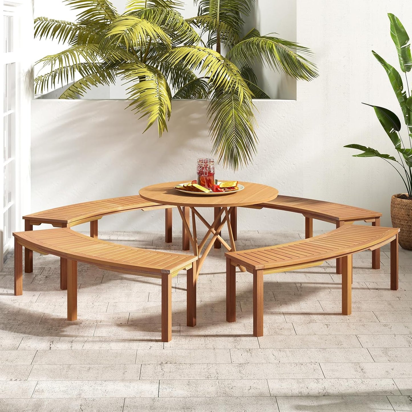 Tangkula Outdoor Curved Bench, Acacia Wood Fire Pit Bench w/Slatted Seat, Patio Backless 2-Person Seating for Porch, Yard, Garden, 800 LBS Max Load, Oil Painted (4, 58")