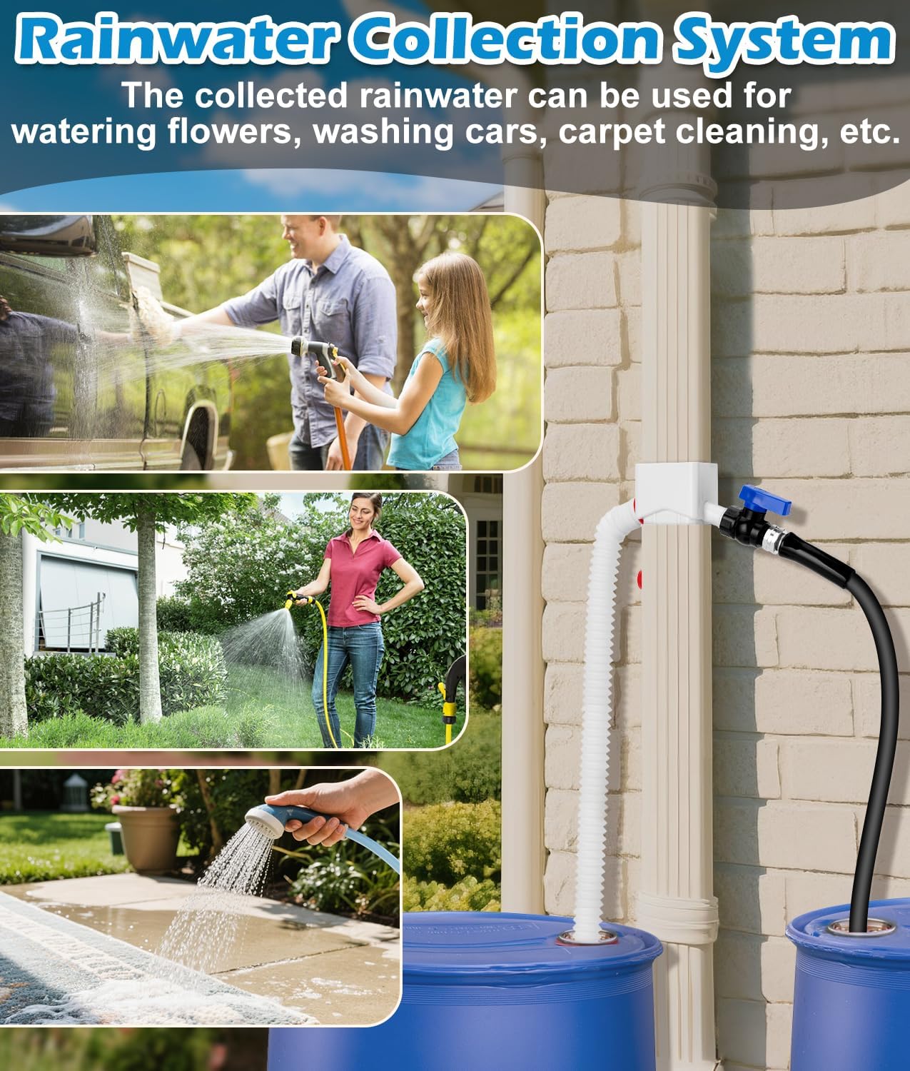 Downspout Diverter, WADEO Rain Barrel Diverter Fits for 2"x 3" Standard Downspout, Rainwater Collection System with Two Water Outlets to Collect Rainwater from Gutter, with 5FT Hose