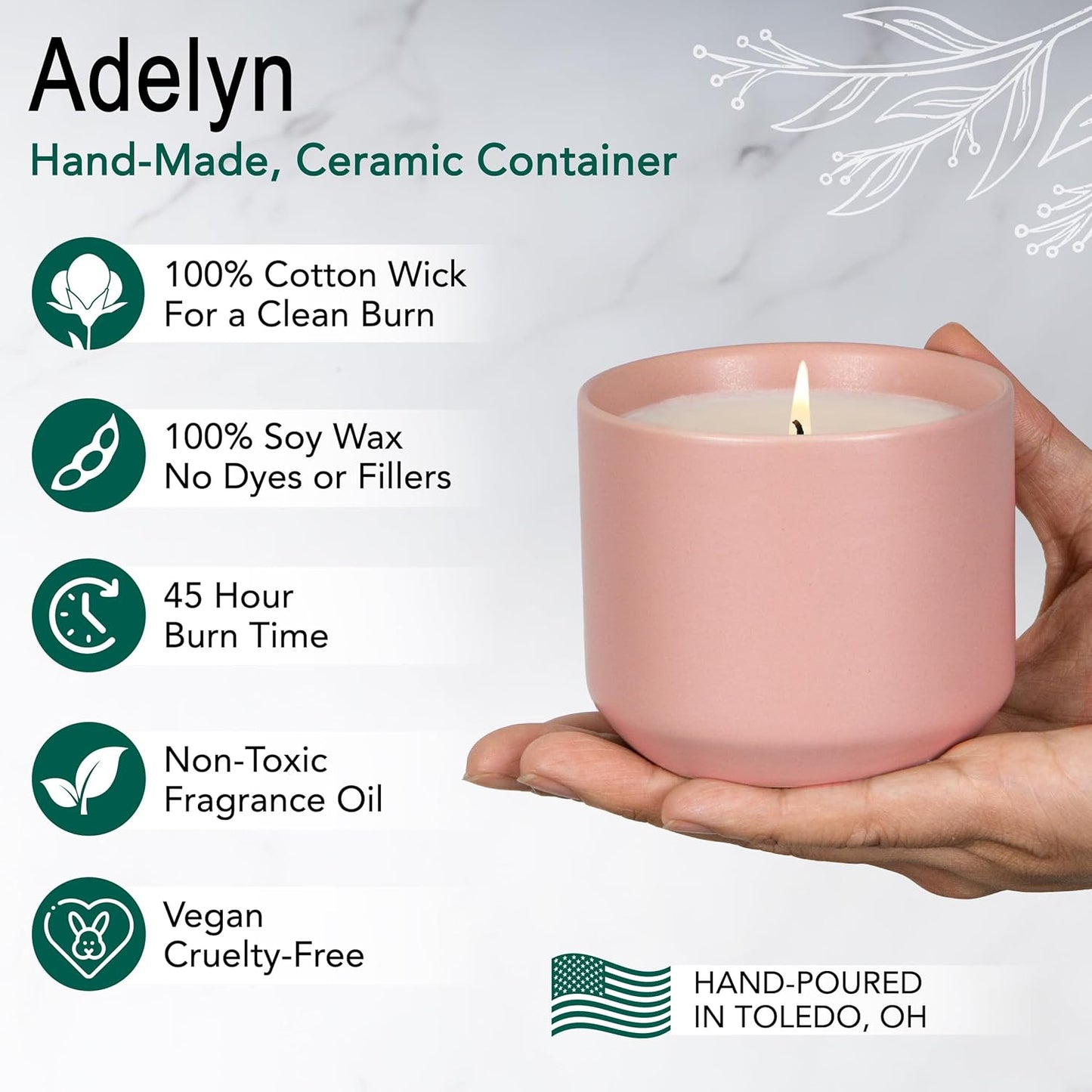 The Growing Candle, Sandalwood & Vanilla Scented, 8oz Ceramic Pot, Aromatherapy Candles for Home, 100% Soy, Adelyn