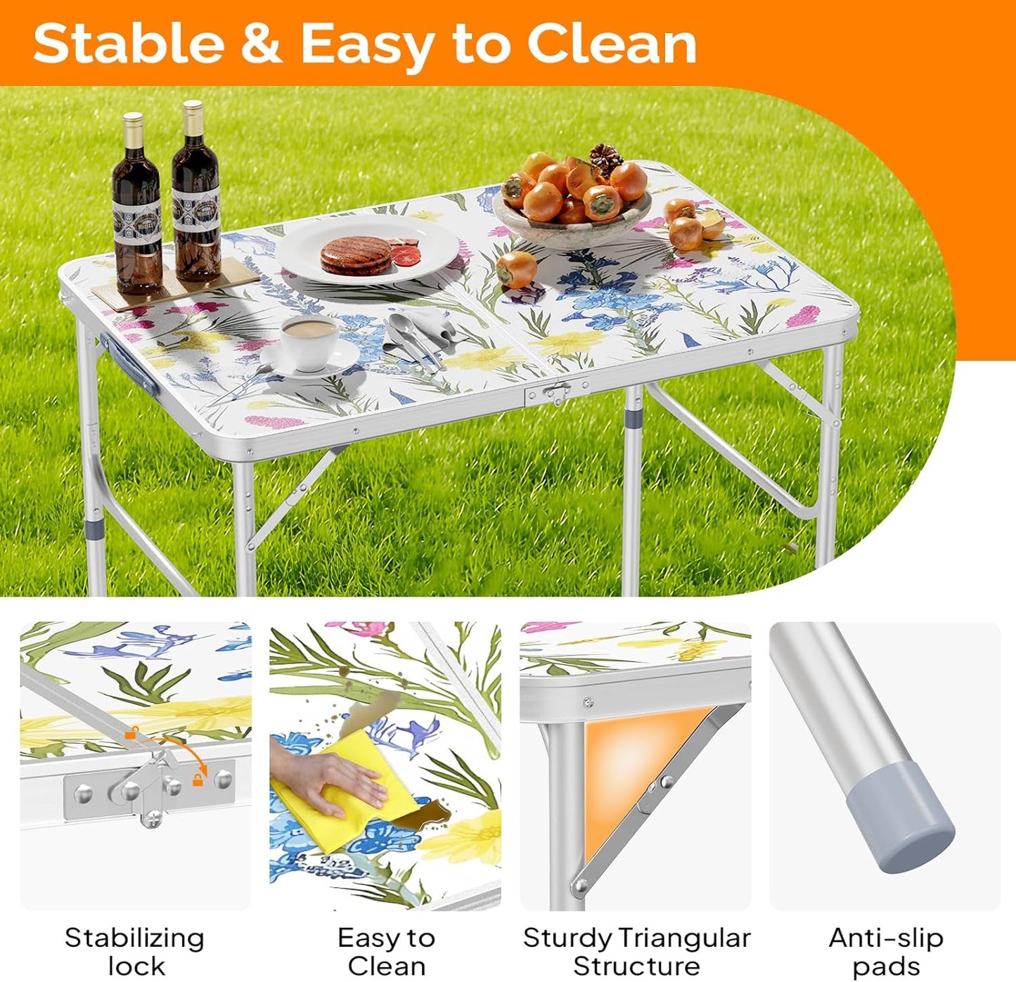 VINGLI 3FT Small Folding Camping Table Adjustable Height Aluminum Folding Table for Picnic Party BBQ, Plastic RV Suitcase Table Portable Lightweight Fold Up Utility Outdoor Tables