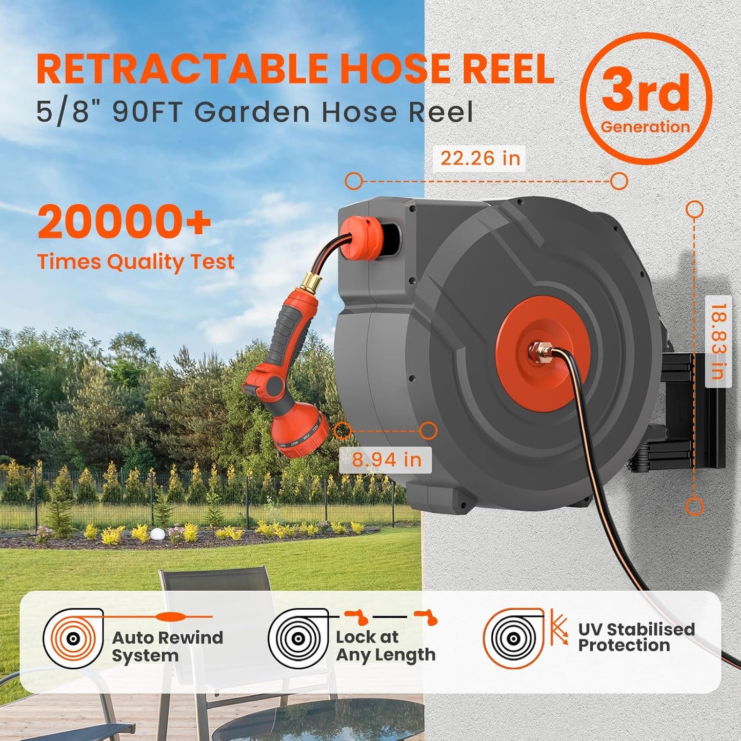 Upgraded Retractable Garden Hose 5/8 in x 90 ft Heavy Duty Wall-Mounted Hose Reel 180°Swivel Automatic Slow Return Any Length Lock 9 Pattern Nozzle UV Resistant (Black)
