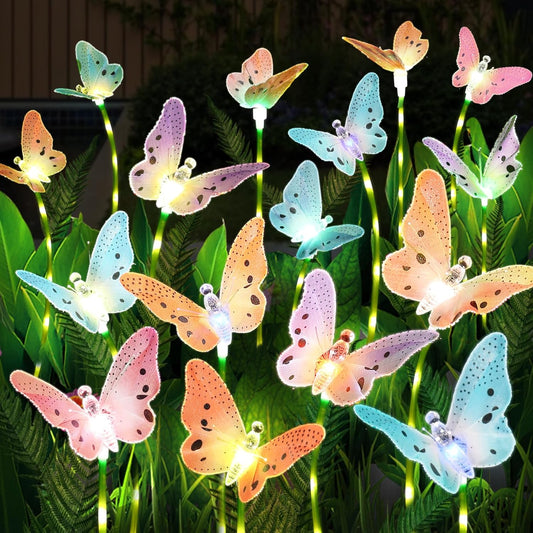 Solar Lights Outdoor Decorations Waterproof Newest Solar Garden Lights with Glowing Stems, 7-Color Changing Butterfly Flower Light for Outside Yard Pathway Garden Decor, Gift for Mother,2Pack