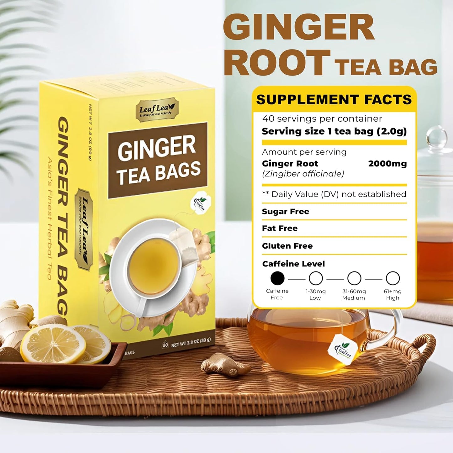 LeafLea 160 Ginger Tea Bags, Pure Ginger Root Herbal Tea, Spicy & Comforting, Supports Digestion & Immune Health, Caffeine Free, Sugar Free, Non-GMO, Vegan, Individually Wrapped for Freshness