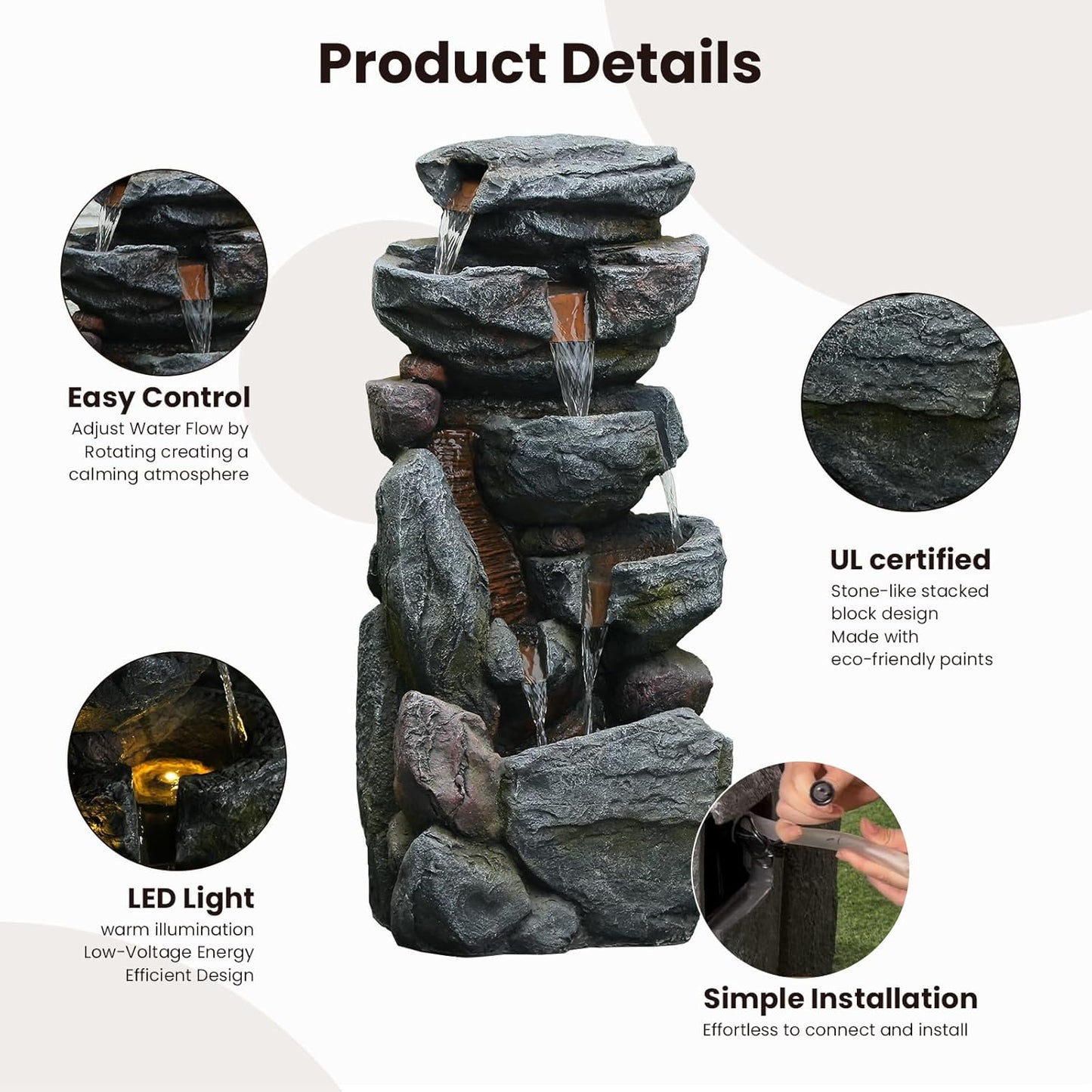 The 5-Tiered Rock Water Fountain Outdoor&Indoor, 31.5’’H Floor-Standing Garden Fountains, Stone Feature and Waterfall with Lights for Patio, Backyard, Deck, Porch, Home DéCor, Gray