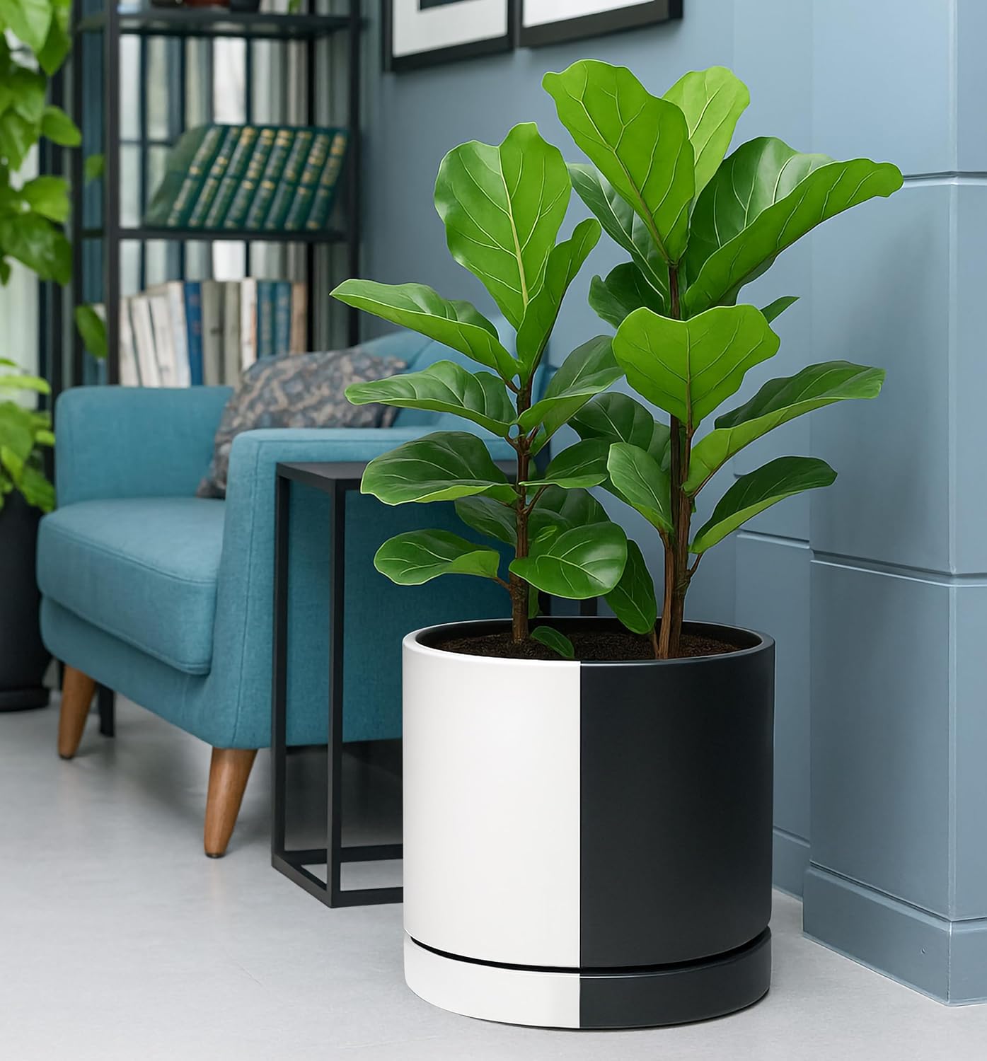 D'vine Dev 12 Inch Ceramic Planter Pot with Drainage Hole and Saucer, Indoor Cylinder Round Planter Pot, Split Monochrome Black & White, 94-O-F-0