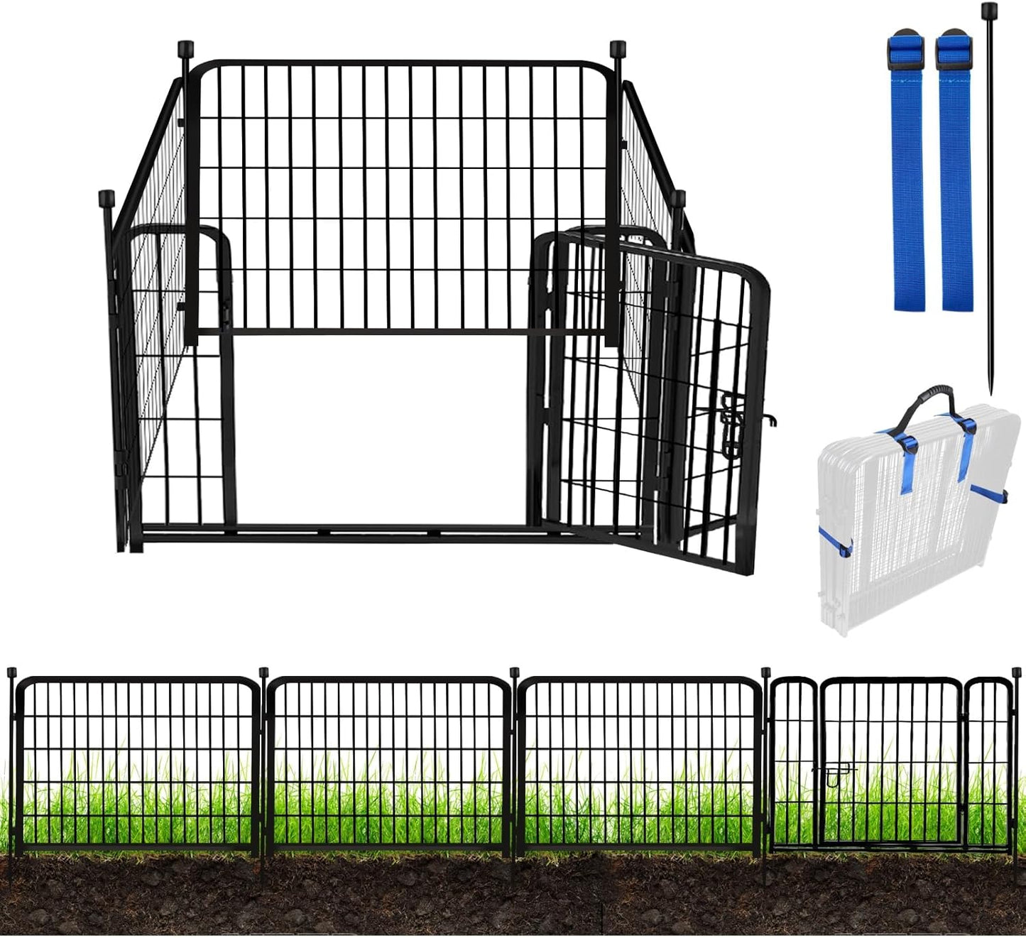 ADAVIN 24 in(H) Garden Fence with Gate, 4 Panels Total 9.8 Ft(L), Heavy Duty Iron Metal Animal Barrier Fence, Camping Fence, No Dig Garden Border Fencing for Yard