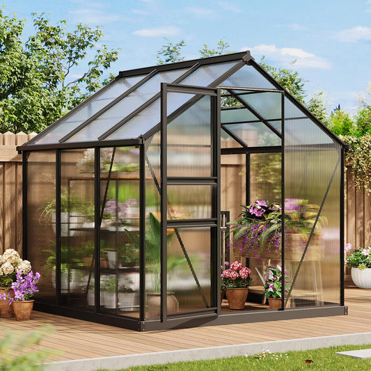 6x6 FT Outdoor Walk-in Greenhouse,All-Season Polycarbonate Garden Greenhouse with Reinforced Aluminum Frame, Roof Vent, Lockable Door & Easy Setup – Includes Ground Nails & Drainage(Black)