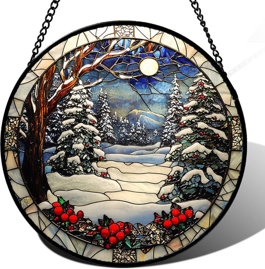 Stained Glass Window Hanging Christmas Tree Winter Snow Night Scenery Large 14.9" - Suncatcher Door Garden Kitchen Sun Catcher Home Decor Birthday for Mom Men Woman Friend