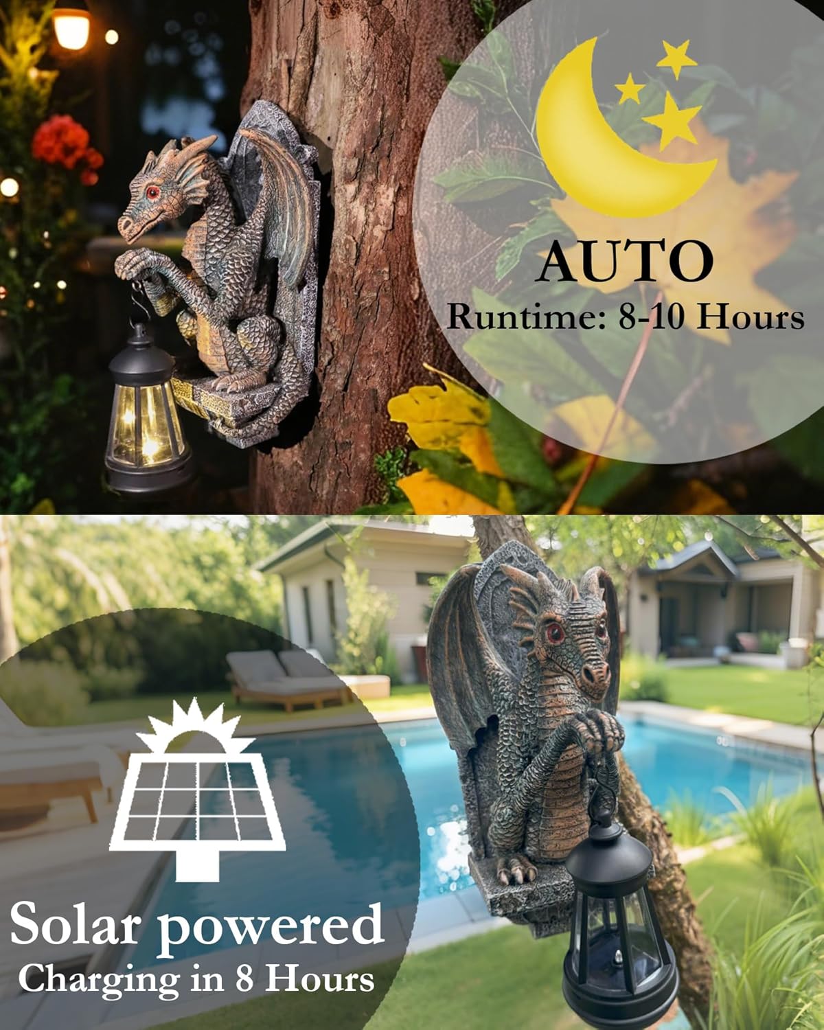 Dragon Statue Solar Lantern for Garden Décor, Dragons Figurine Night Light, 10”Outdoor Decorative Lamp, Mountable on Trees/Walls/Fences. Birthday/Housewarming Gifts for Dragon Fans (Antique Bronze)
