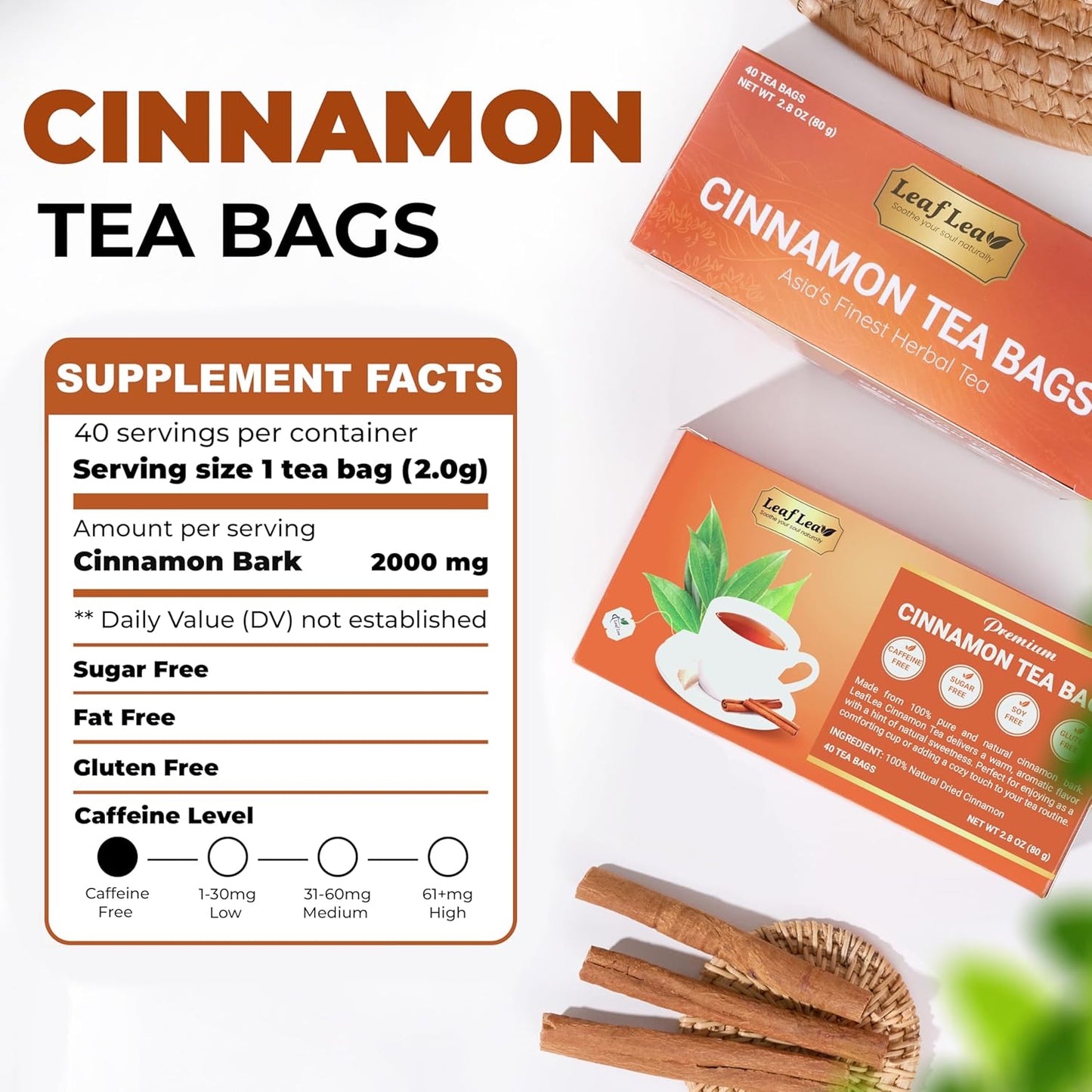 LeafLea 120 Cinnamon Tea Bags, Premium Herbal Tea with Ground Cinnamon Sticks, Spiced and Soothing Flavor for Relaxation, Caffeine-Free, Sugar-Free, Non-GMO, Vegan
