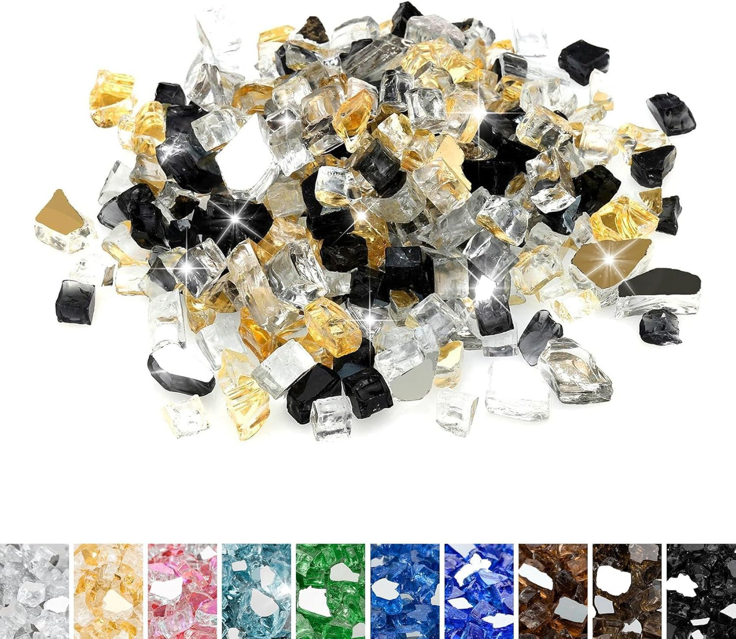 Mr. Fireglass 10 Pounds Blended Reflective Fire Glass for Fire Pit Fireplace and Landscaping, 1/2 Inch Mixed Colored High Luster Fireglass Rocks for Outdoor and Indoor Use Gold+Onyx Black+Platinum