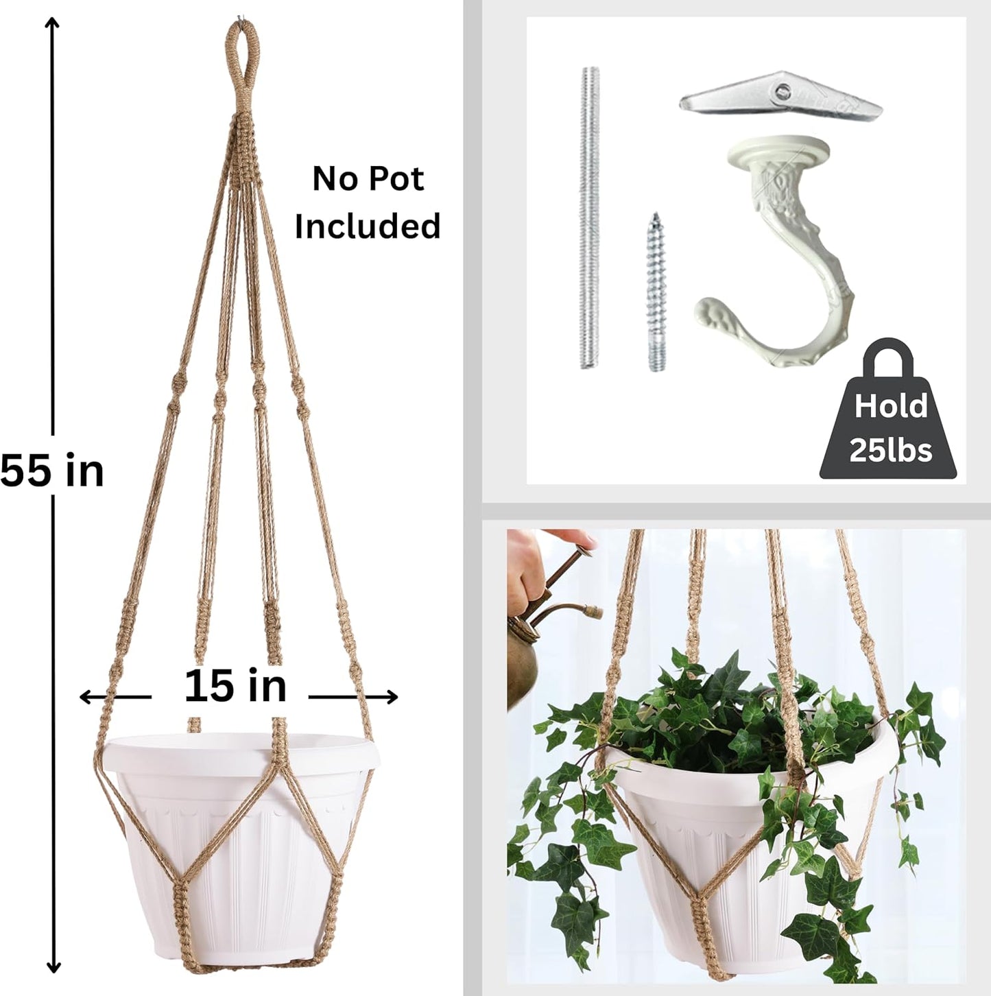 2 Pack Giant XXL 55 Inches Macrame Planter Hanger Large for 15 inch Pot + Swag Hook | Extra Large Hanging Planter for Indoor Plants | No Pot/Plant Included (XXL Jute)