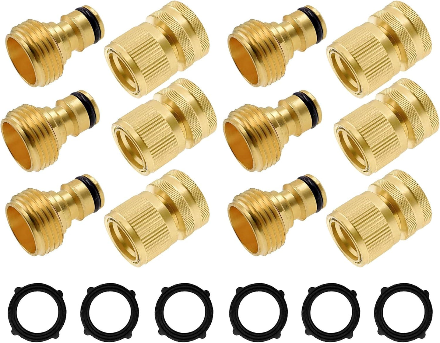 Hourleey Garden Hose Quick Connector, Solid Brass 3/4 Inch GHT Thread Garden Quick Connect Kit, Male and Female No-Leak Water Hose Fittings (6 Set)