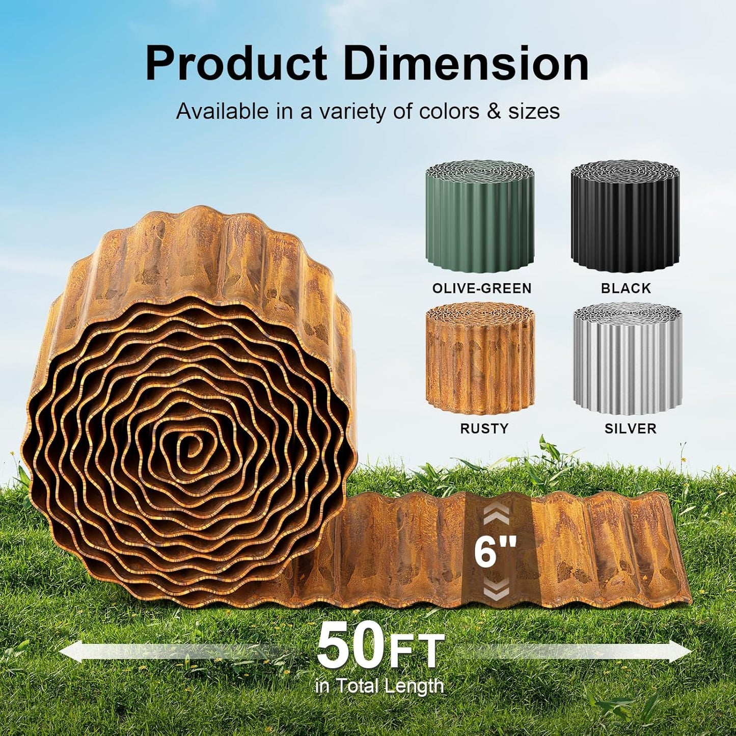 Land Guard Corrugated Garden Edging Border, 6" × 50' Landscape Paver Edging, Tall Landscape Edging, Fence for Garden, Flower Bed, Lawn and Landscape Edging (Rusty)