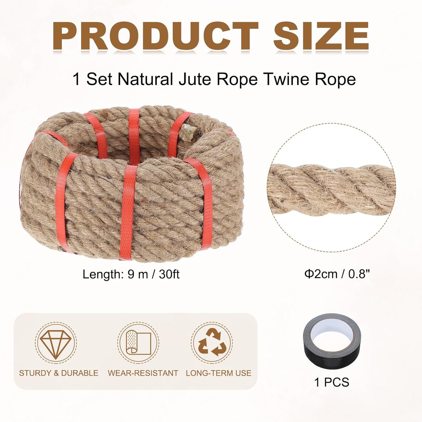 MECCANIXITY Jute Rope 0.8 Inch x 30ft, Thick Twine Rope Ropes Braided Jute Twine Natural Brown Burlap Cord String Heavy Twisted with Tape for Decorative Crafts Railing Swing Tug of War