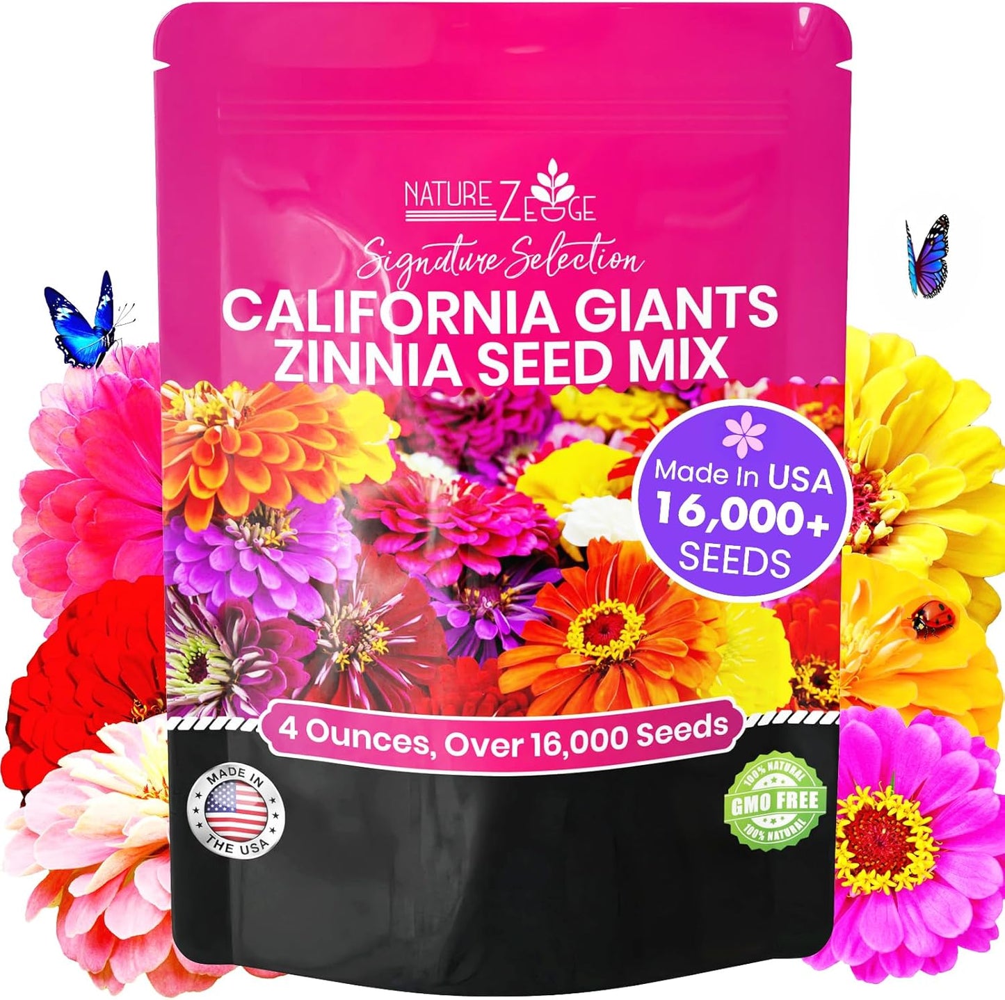 NatureZ Edge Zinnia Seeds for 2025 Planting Outdoors, Over 16,500 Flower Seeds, 1/4 lb, Non GMO Made in USA, Bulk Semillas De Flores para Sembrar, California Giants, Easy to Grow Zinnia Seed Mix