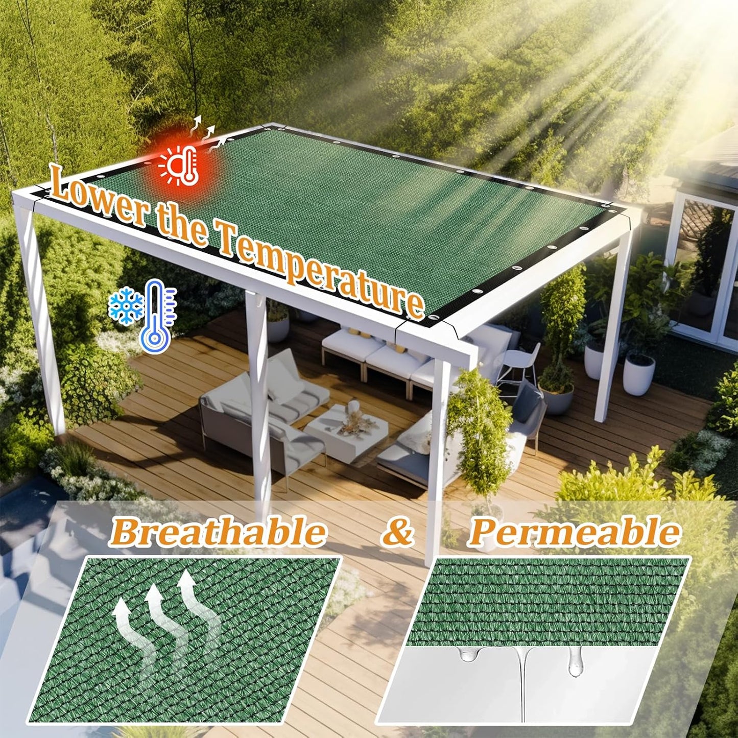 Shade&Beyond Customized Size 90% Sun Shade Cloth with Grommets, 13' X 13' Pergola Shade Cover Canopy, Mesh Tarp Sun Screens for Patio, Outdoor, Garden, Backyard GN01, Green