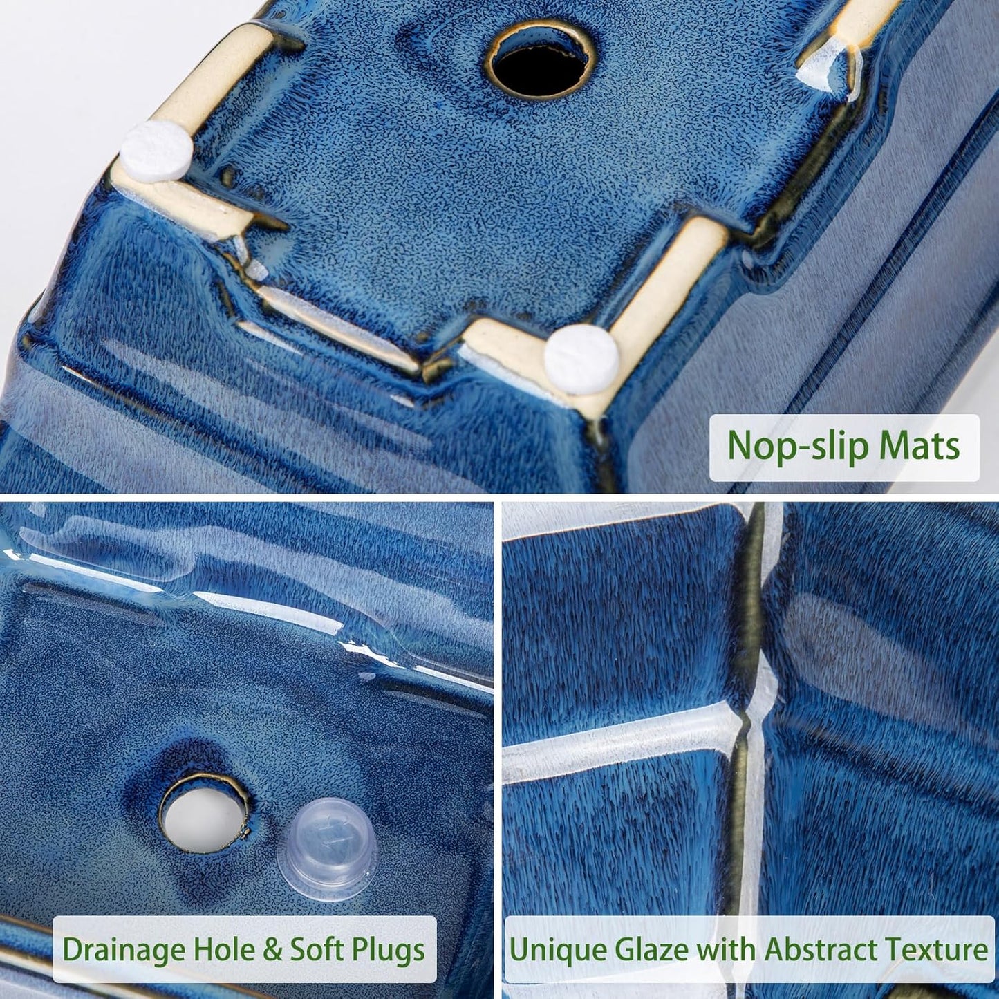 Blue Glazed Ceramic Bonsai Tree Pots with Drainage Hole, Set of 2 Rectangular Bonsai Pots Planters for Indoor & Outdoor Use, 8 Inch Shallow Bonzie Tree Pot for Succulents, Cacti, Orchids, Herbs