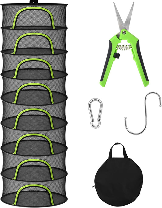 Herb Drying Rack Hanging Mesh 8 Layer 24" with Zipper, Garden Pruning Shear, Hook & Carabiner Clip for Drying Herbs, Plants, Seeds, Buds | Hydroponics & Grow Tents Herb Dryer Hanging Rack
