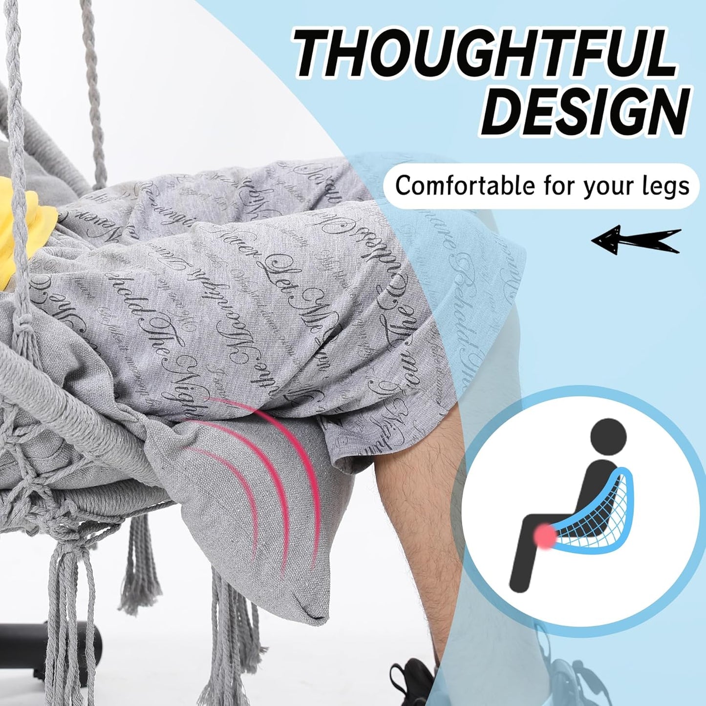 Macrame Hammock Hanging Swinging Chair with Oversized Cushion, Perfect for Bedroom, Porch, Kids, Adults, Balcony, Grey