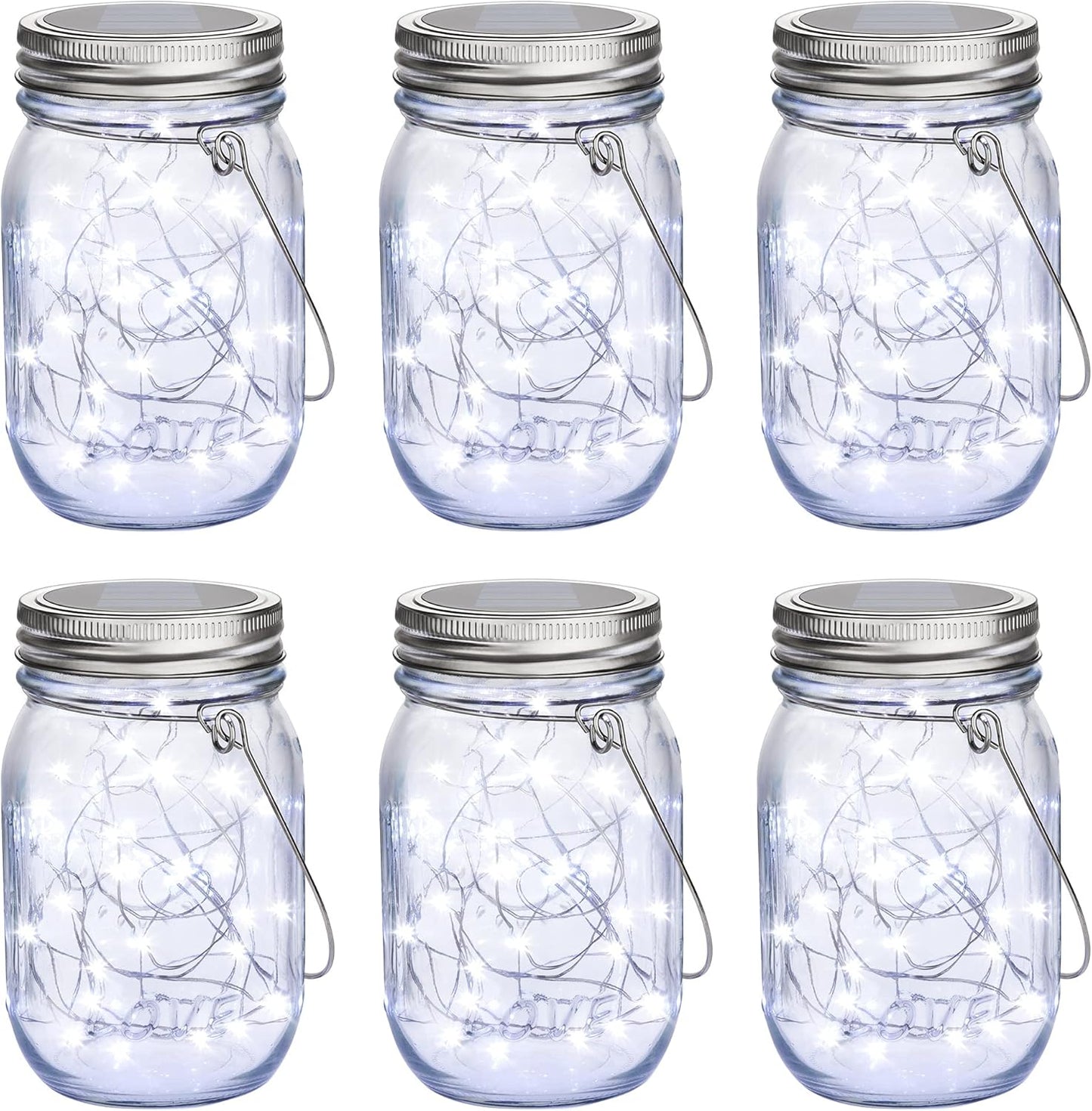 Mlambert Mason Jar Solar Lights 30 LEDs, 6 Pack Hanging Solar Lanterns Outdoor, Waterproof Fairy Lights Outdoor Lanterns for Patio Garden, Cool White