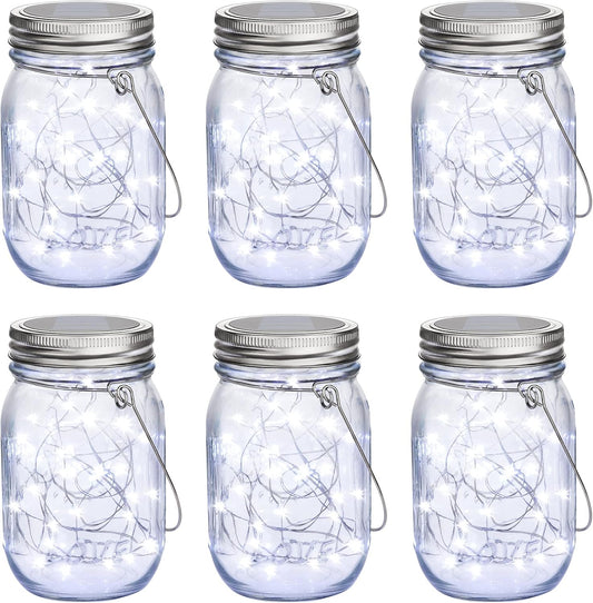 Mlambert Mason Jar Solar Lights 30 LEDs, 6 Pack Hanging Solar Lanterns Outdoor, Waterproof Fairy Lights Outdoor Lanterns for Patio Garden, Cool White