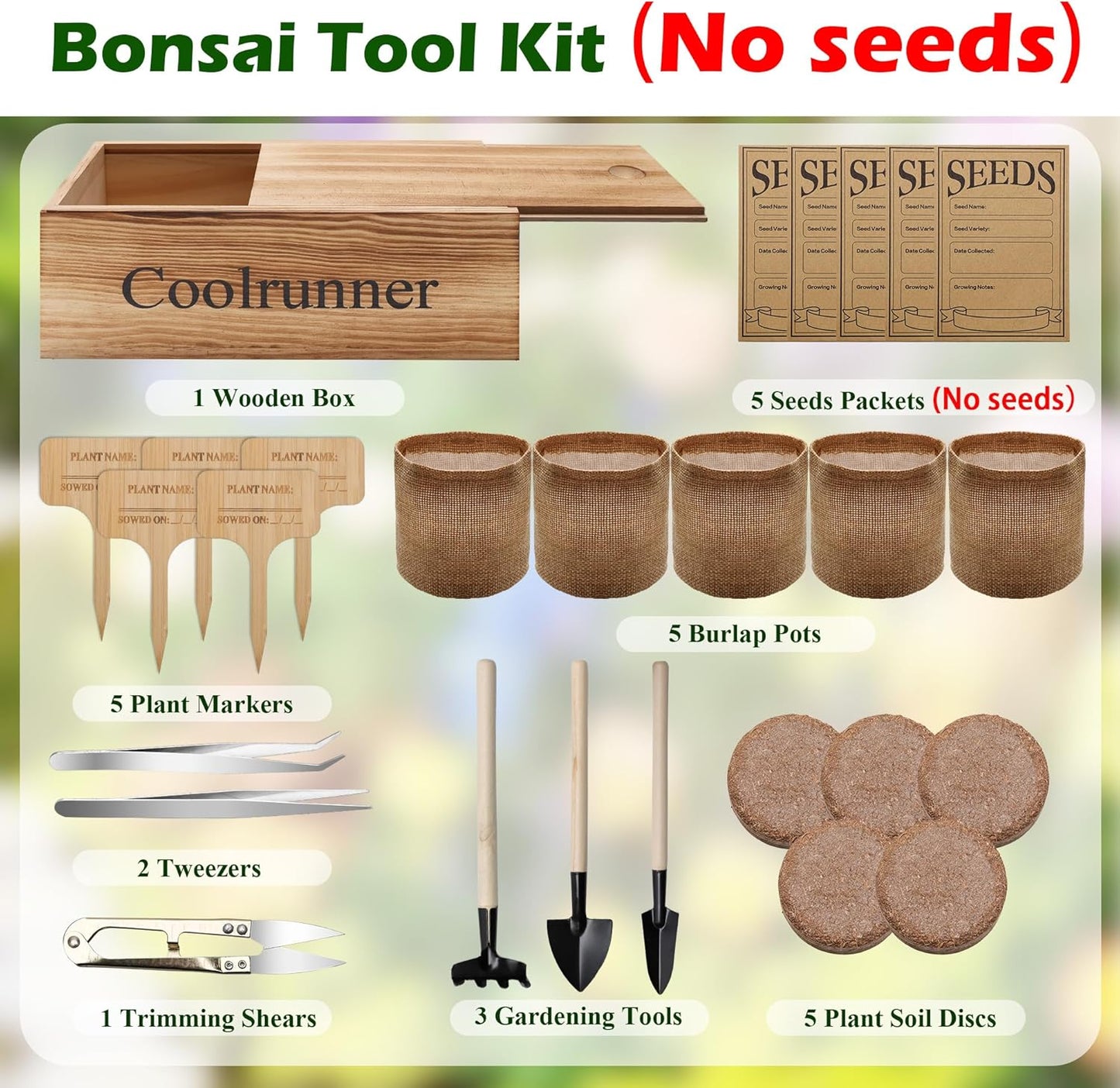 Bonsai Tree Kit, Wooden Bonsai Starter Kit, Coolrunner Bonsai Tree Starter Kit, Mini Bonsai Plant Growing Kit with Seeds Packets, Soil Discs, Jute Bags, Plant Markers, Gardening Tools etc (No Seeds)