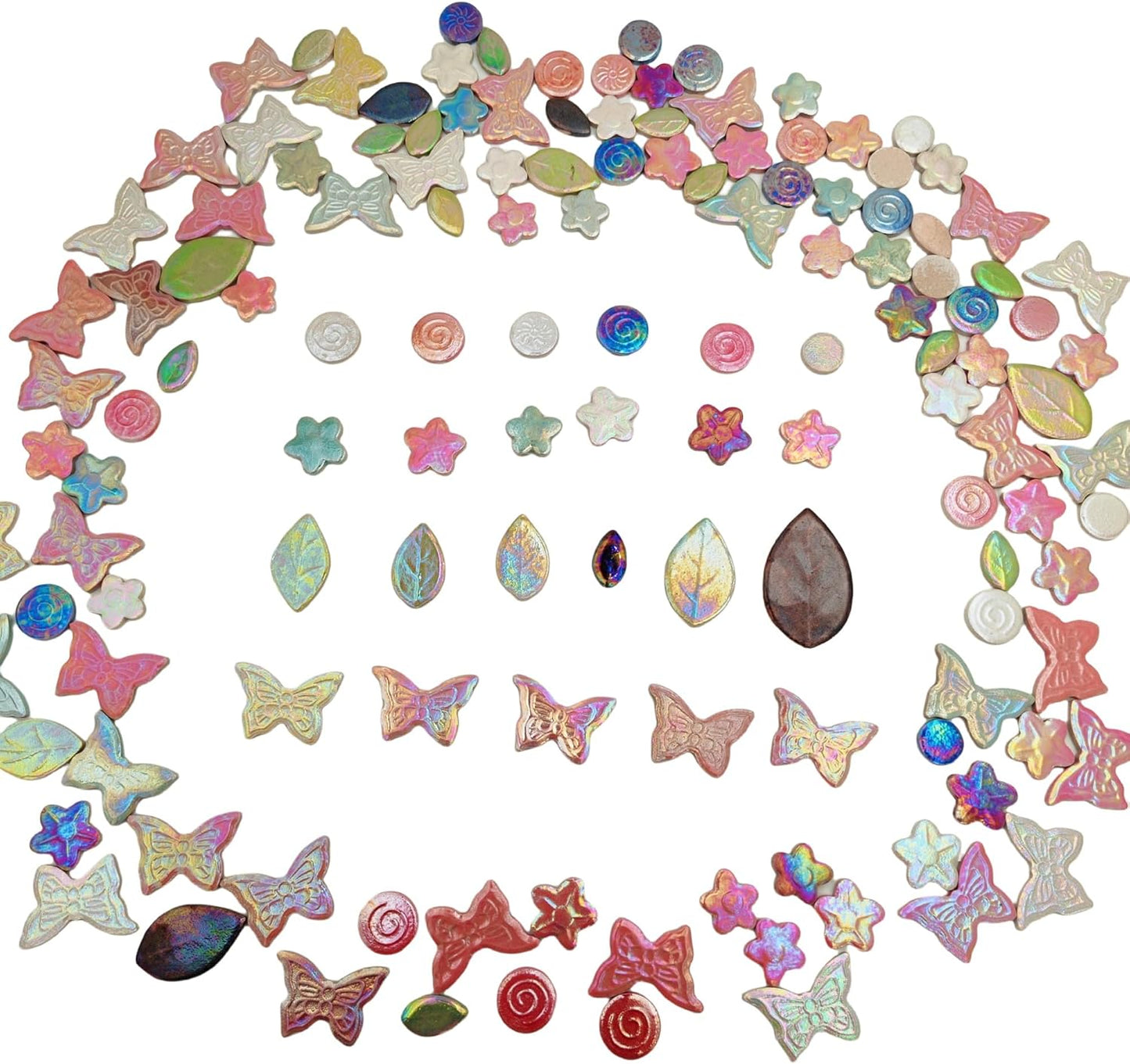 500g/1.1lb Random Color Irregular Ceramics Mosaic Tiles,DIY Making Creative Ceramic Mosaic Tiles for DIY Craft Plates Flowerpots Vases Cups Mosaic Making Supplies (Leaves+Flowers+Butterflies+Round)