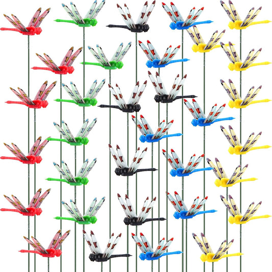 Leinuosen 100 Pcs 2.36" 3D Dragonfly Garden Stakes, Long Dragonfly Stakes Garden Decor Indoor Outdoor Yard Ornaments Flower Pot Patio Decoration(Red, Yellow, Blue, Green, Black)