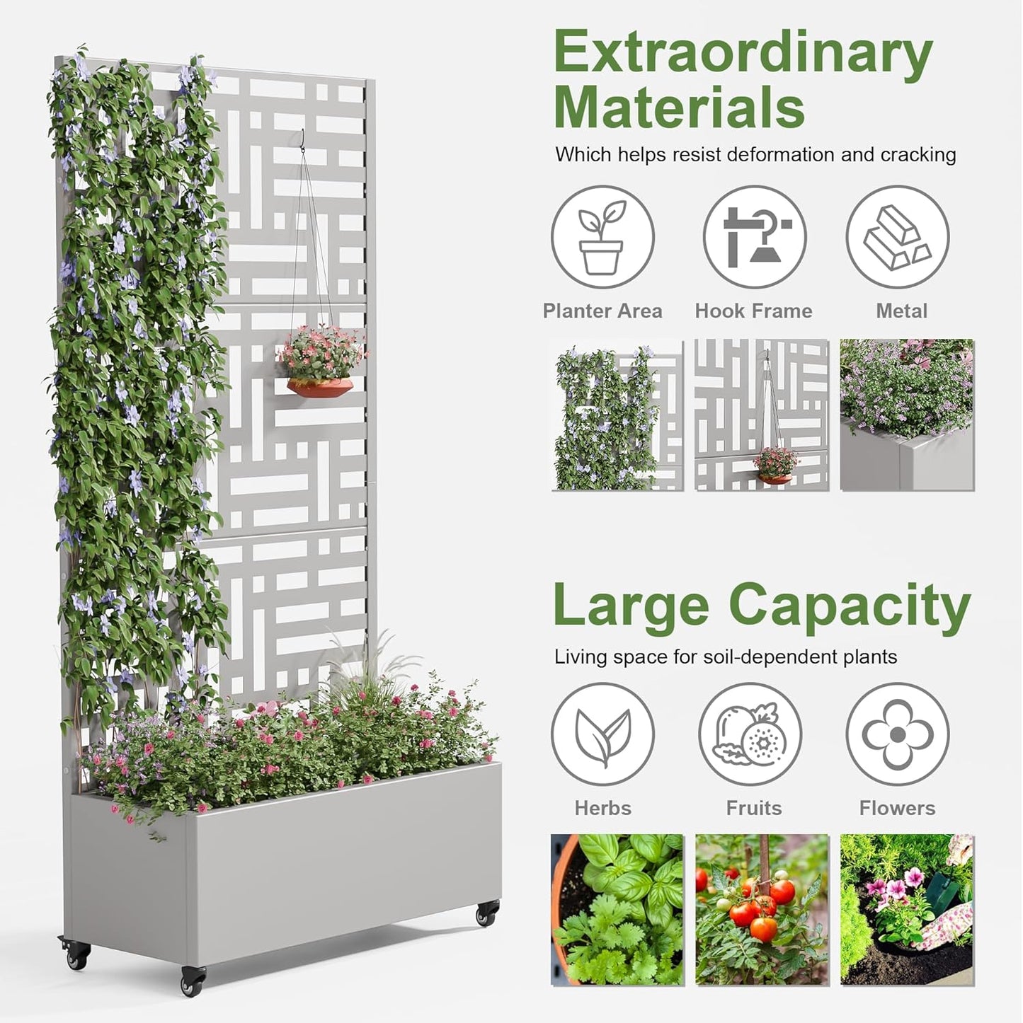 Casaphoria Metal Raised Garden Bed with Trellis and Wheels, 72"x35"x16" Planter Box for Climbing Plants, Vegetables & Vines, Features Drainage Holes and Privacy Screen (Grey-Helen)