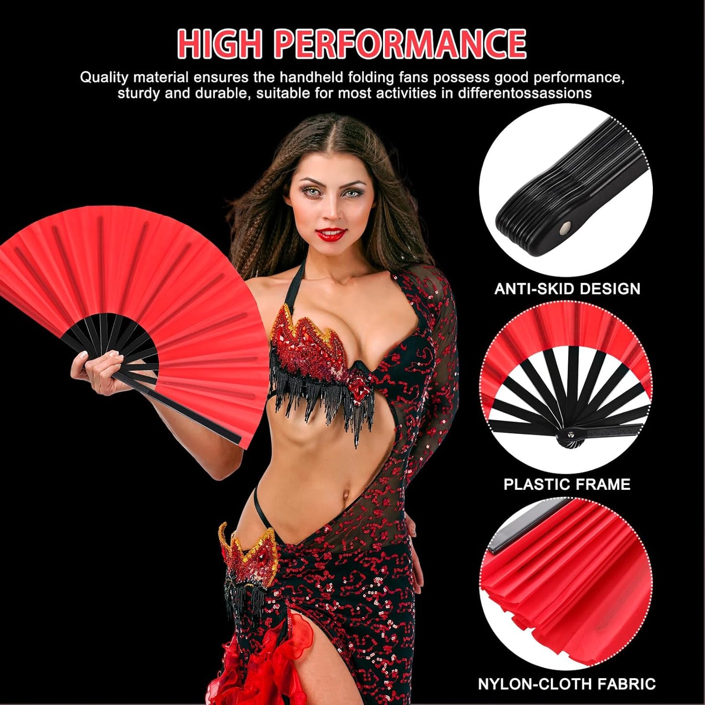 Blulu 4 Pcs 13 Inch Large Folding Hand Fans for Line Dancing Big Clapping Popping Raves Fans Bulk for Dancing Boots on The Ground Festival Party Decoration(Classic Style, Red)