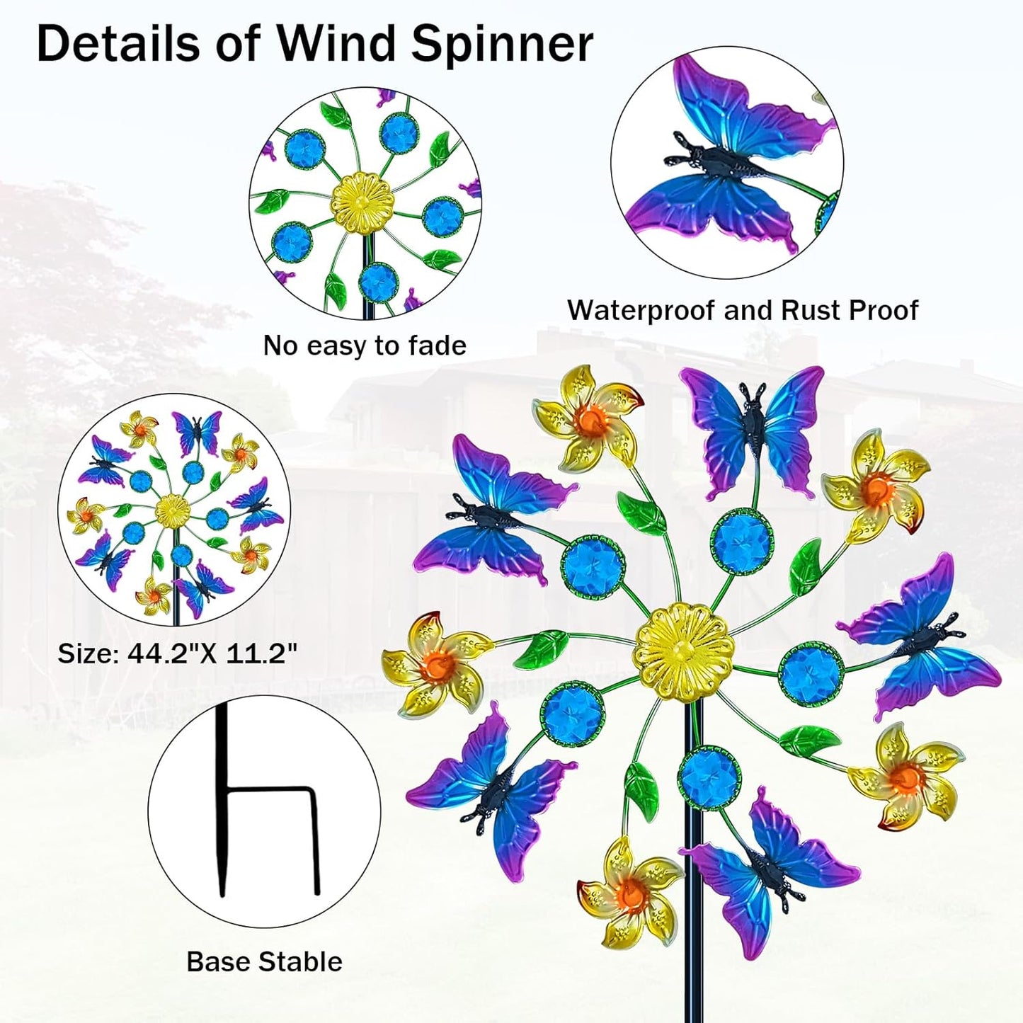 44" Butterfly Garden Wind Spinners - Metal Outdoor Stake Spinner Windmills, Wind Sculpture Yard Art Decorations for Patio & Lawn