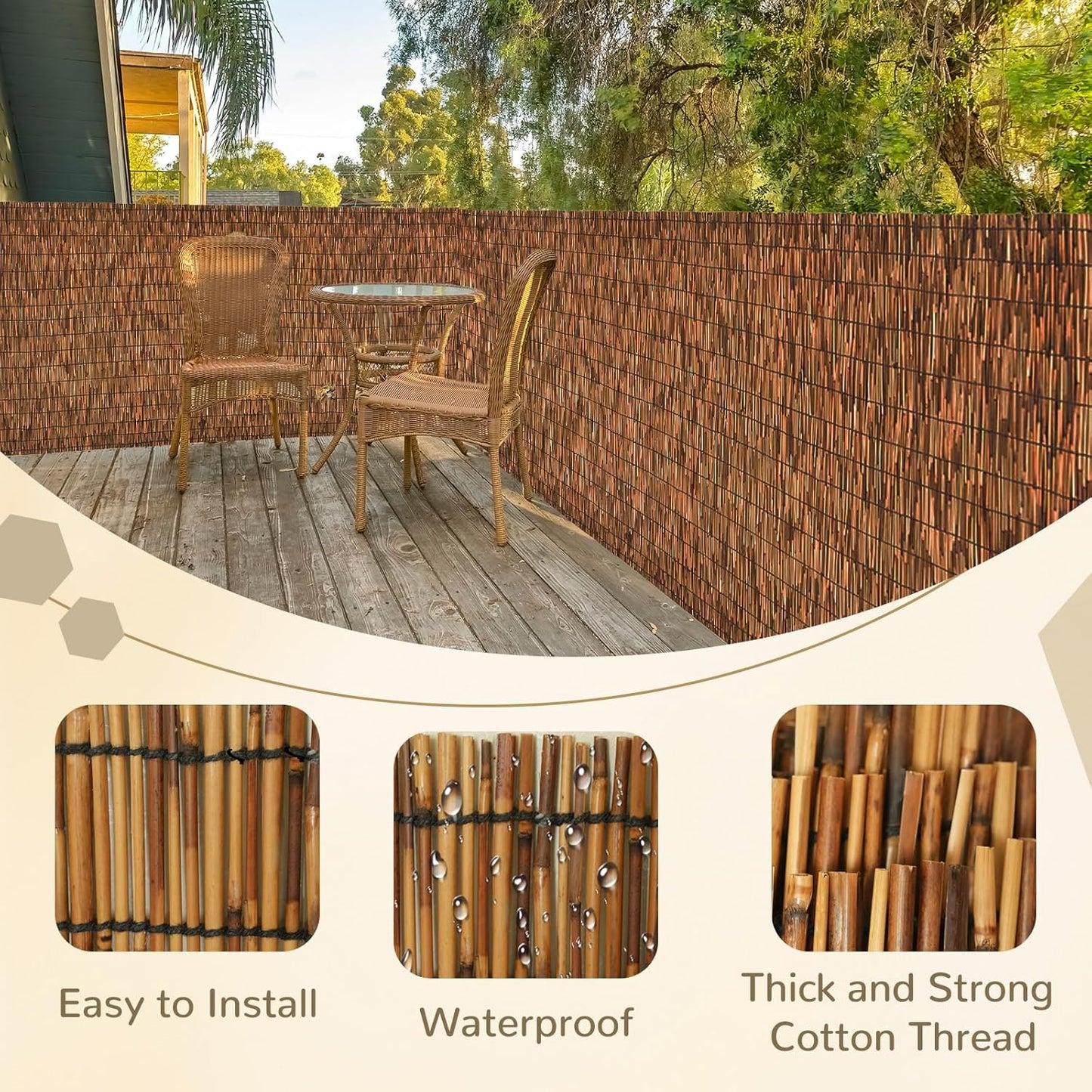 Brown 2 Pack 3.3FT X 16.4FT Reed Fencing Roll, Balcony Privacy Shade Reed Bamboo Fencing Garden Fence Border, Wind Block Sunshade Fence Screen for Outdoor Yard Patio Flower Bed Edge