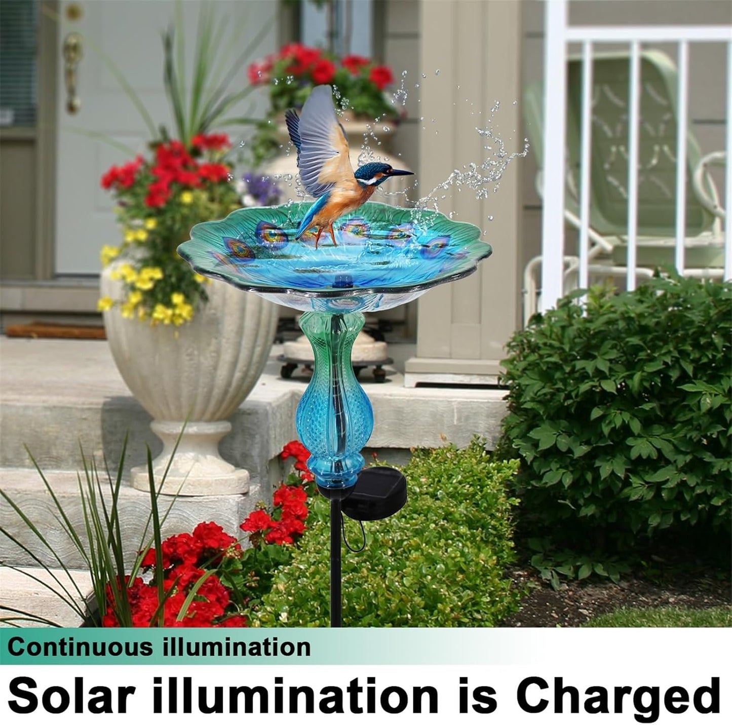 Blue Peacock Ground Stake Solar Bird Feeder for Outside,Bird Pond Outdoor Glass BirdBath with Metal Stake Garden Yard Outdoor, Garden Decoration Yard 32 inches