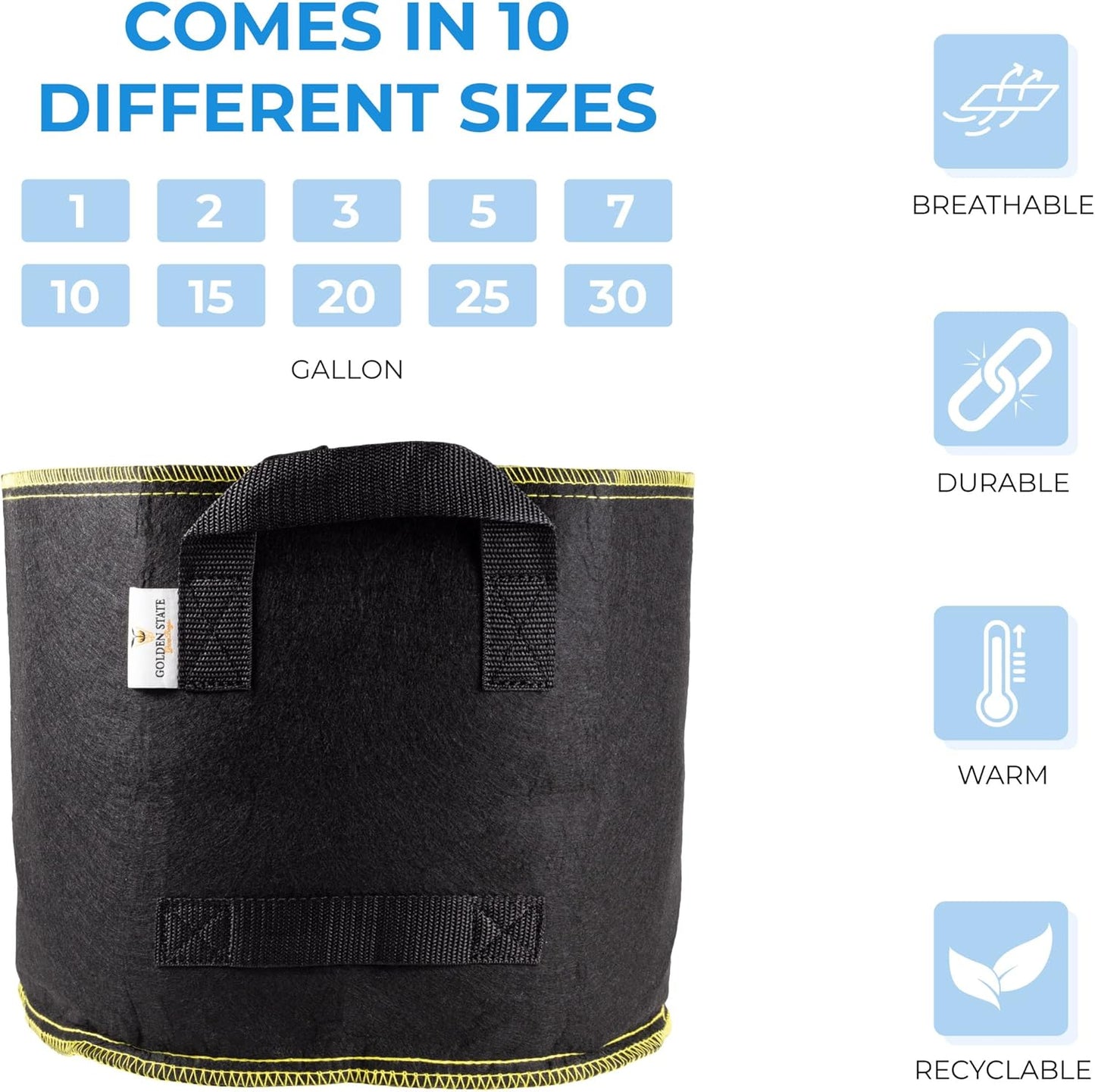 Grow Bags: 5-Pack (Size: 25 Gallon): 300gsm Black Felt Fabric w/Yellow Stitch, Biodegradable and eco-Friendly Material. (Handles + Dumping Handles-pat.Pend).
