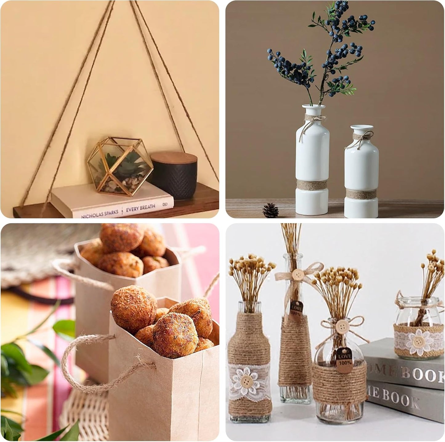 Natural Jute Twine 328ft 4mm,3Ply Twisted Thick Twine Rope Strong Jute String Roll for Crafts Gift Wrapping Gardening Home Decor Bundling Cat Scratching Post