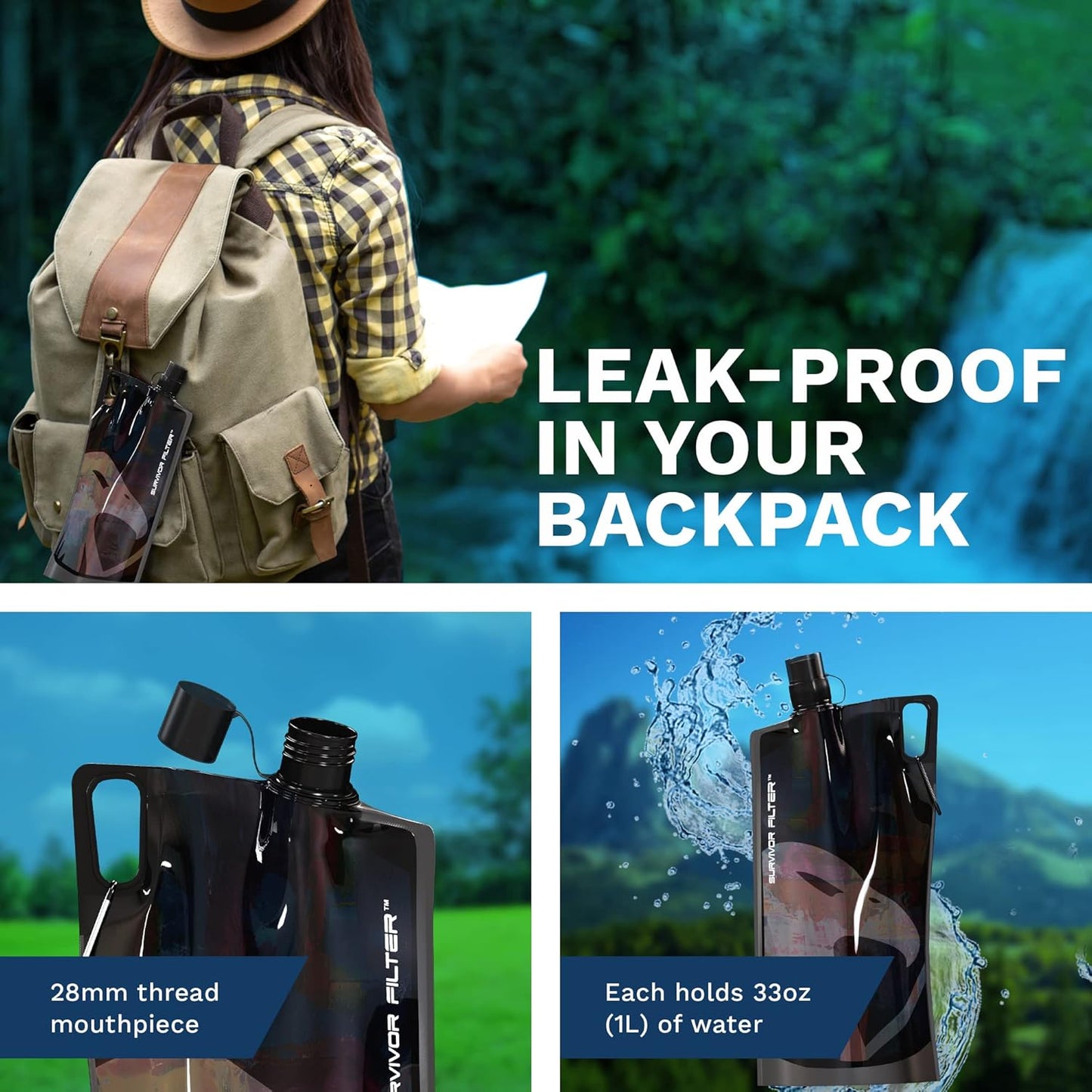 Survivor Filter Collapsible Water Bottles, Canteens (32oz) 2 Pack (2L Total) - Durable Carabiners and Handles. Squeeze Water through a Filter or Use as Water Bottles