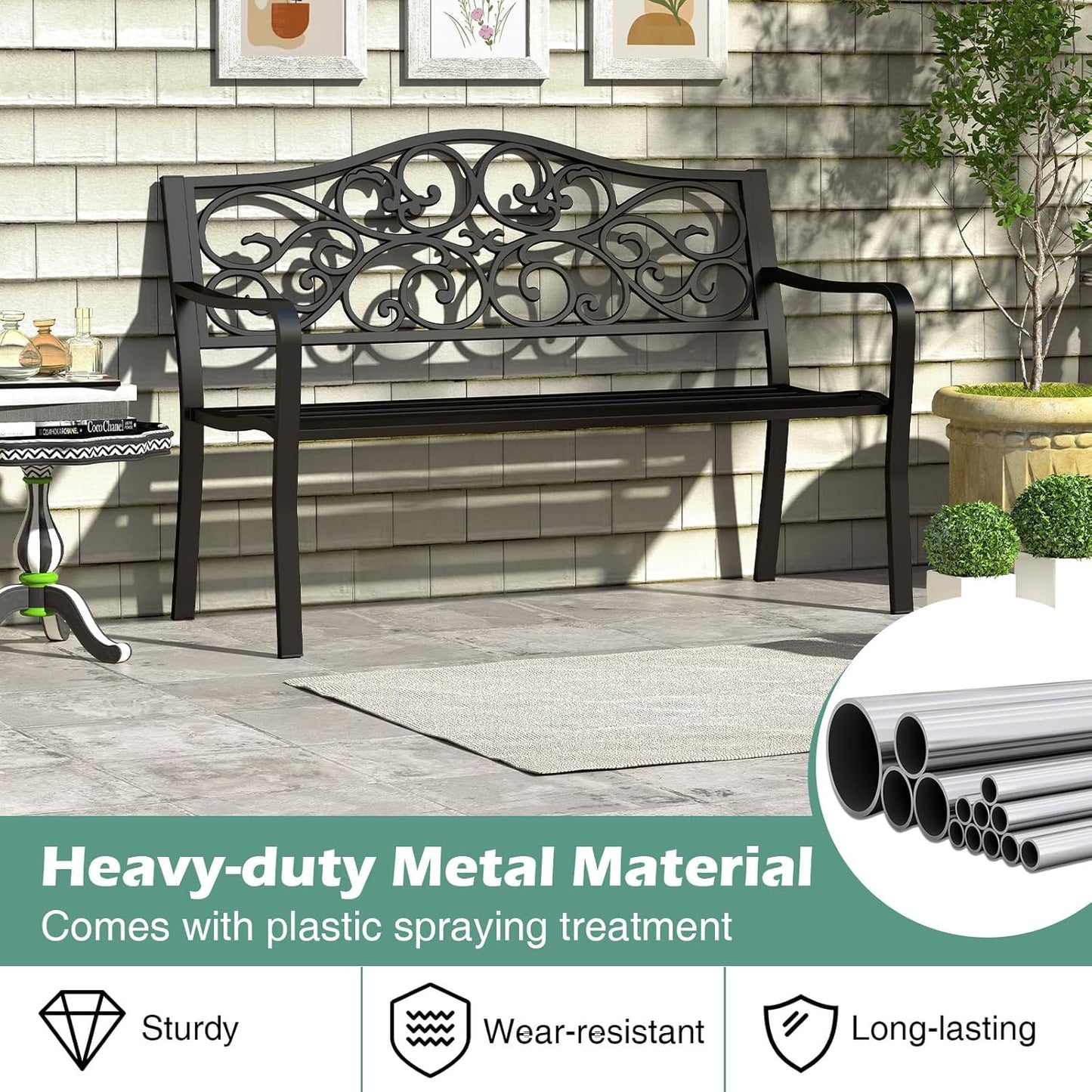 Tangkula 50 Inches Outdoor Garden Park Bench, Cast Iron Metal Patio Bench with Floral Design Backrest, Armrests and Slatted Seat, Outdoor Loveseat Chair for Porch, Lawn and Yard, Black