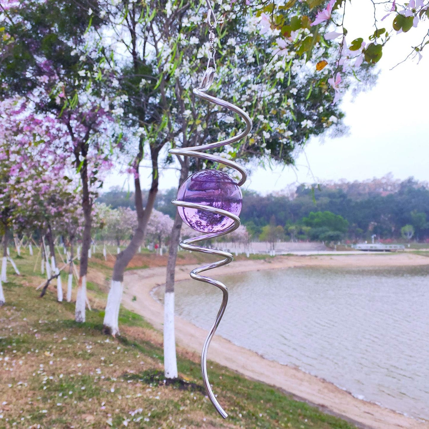 Fonmy Purple Gazing Ball Spiral Tail Wind Spinner Stabilizer with Swivel Hook 11inch Stainless Steel Tail and 2 inch Purple Glass Orb. Indoor Outdoor Garden Decoration Hanging Ornaments