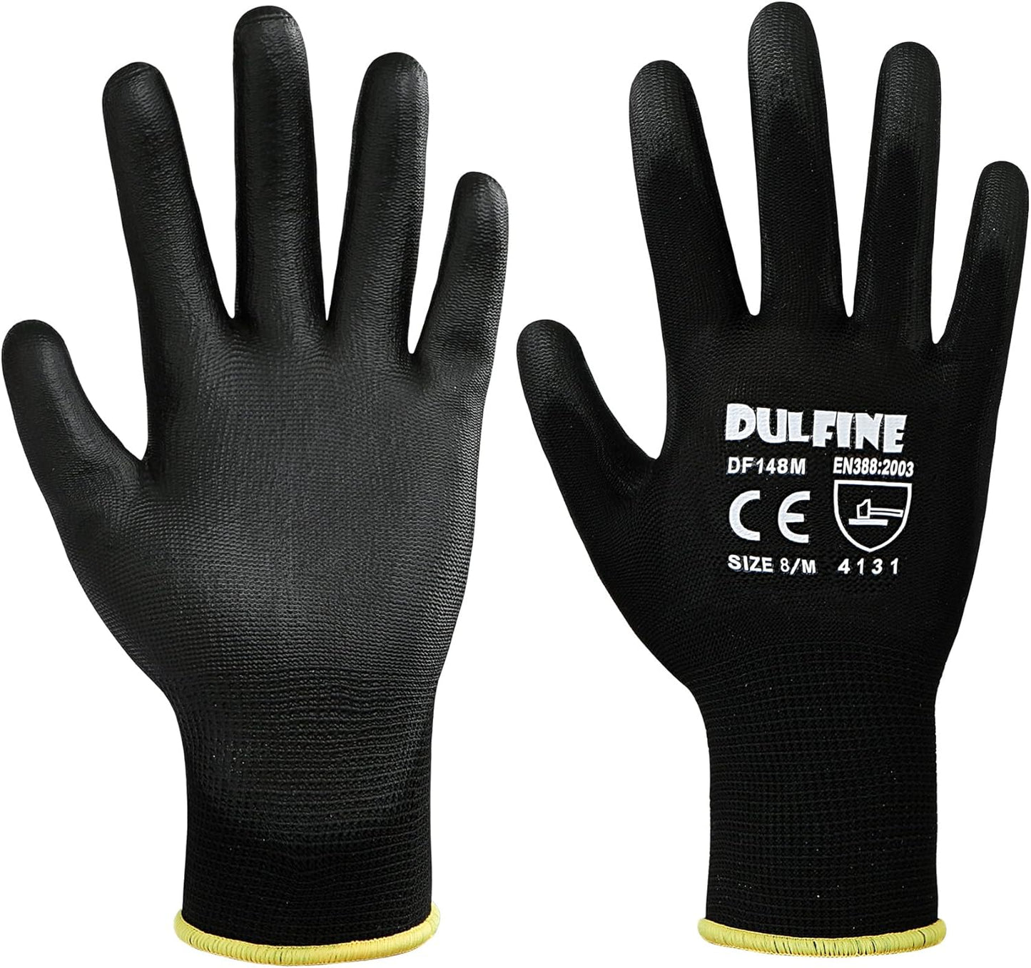 DULFINE Ultra-Thin PU Coated Work Gloves-12 Pairs,Excellent Grip,Nylon Shell Black Polyurethane Coated Safety Work Gloves, Knit Wrist Cuff,Ideal for Light Duty Work. (Extra Large)