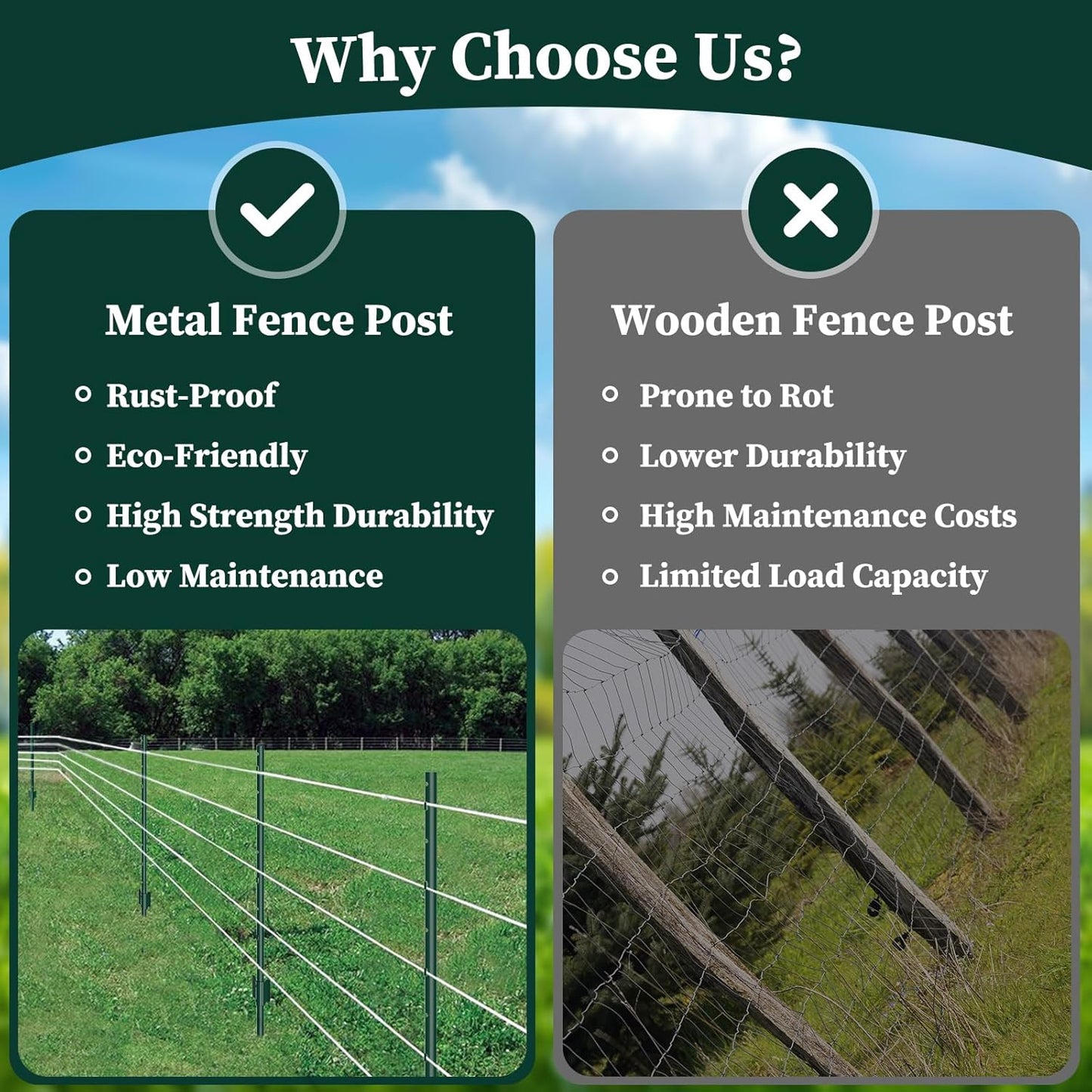 10 Pack Garden Fence Post, 4 Feet Heavy Duty Metal U-Post for Wire Fence, No Dig Garden Fence Stakes for Temporary Fencing, Electric Fence Wire, Corner Anchor, and More-Green