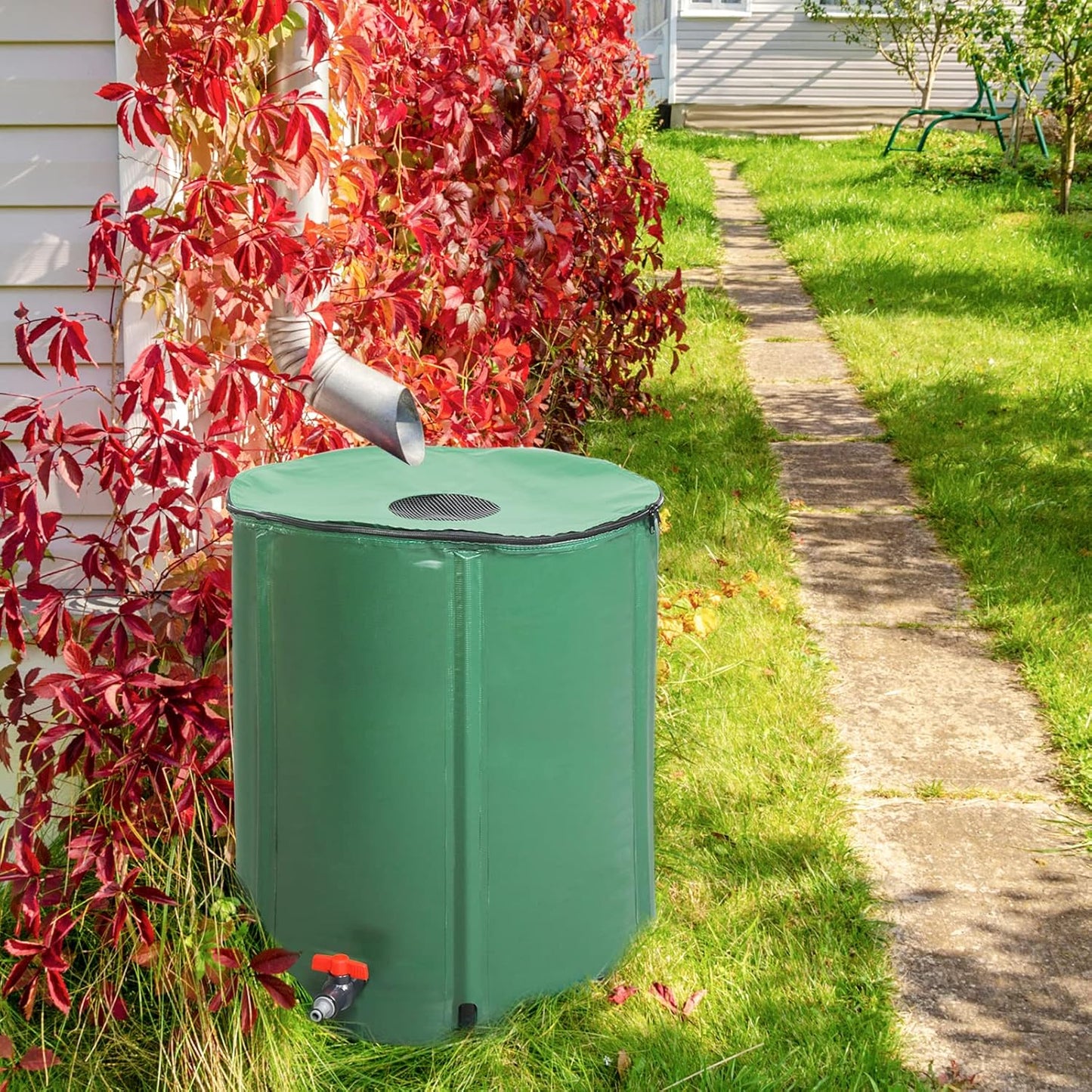 50 Gallon Collapsible Rain Barrel, Portable Rainwater Collection System, Rain Catcher Barrel with Volume Scale Mark, Spigots and Overflow Kit, Rain Water Barrel Collector for Garden, Green