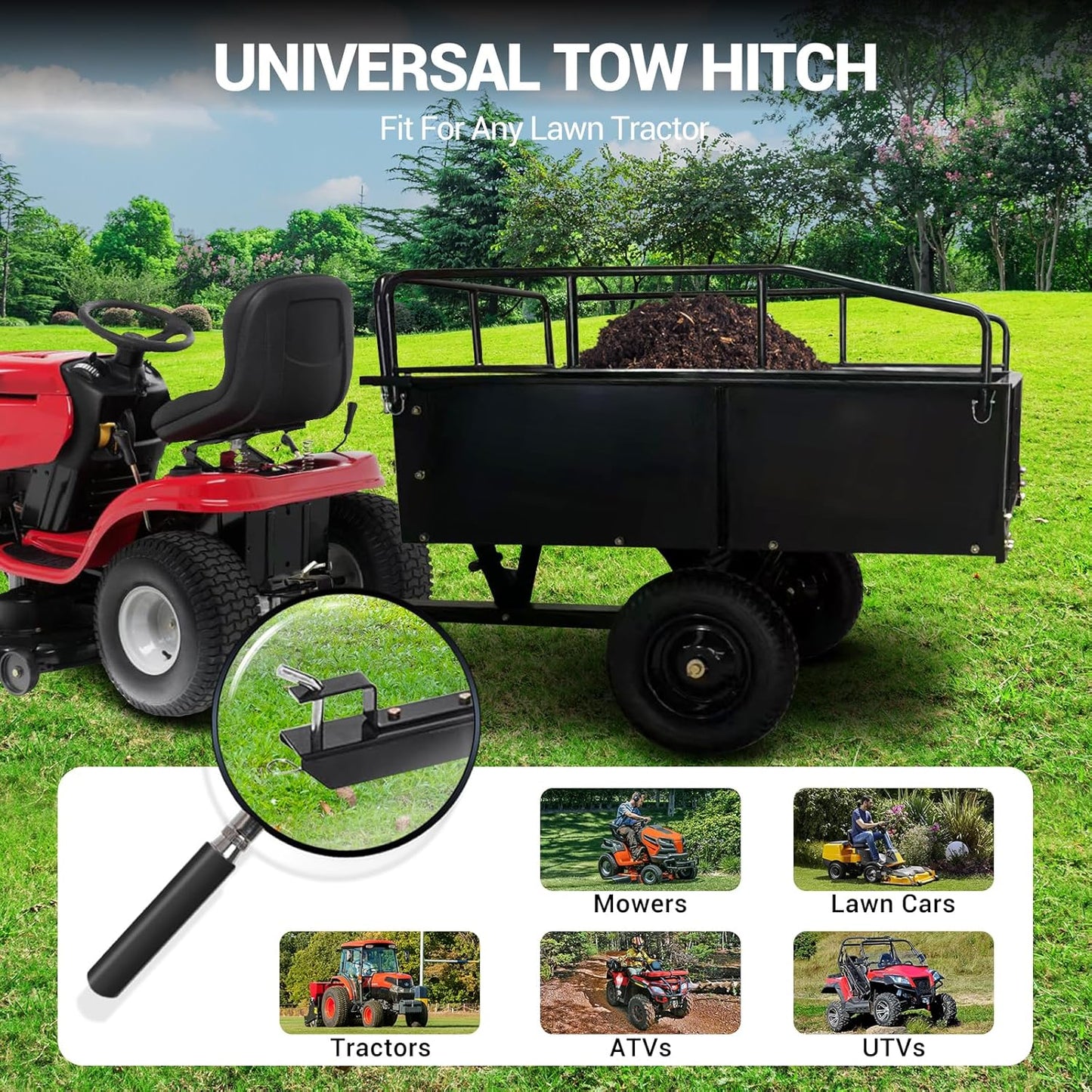 GarveeLife 750 lbs Heavy Duty Steel Dump Cart, 15 Cubic Feet Garden Utility Trailer with Removable Sides,Hand Pull or Foot Pedal Dump Cart for ATV, UTV, Lawn Mowers and Tractors