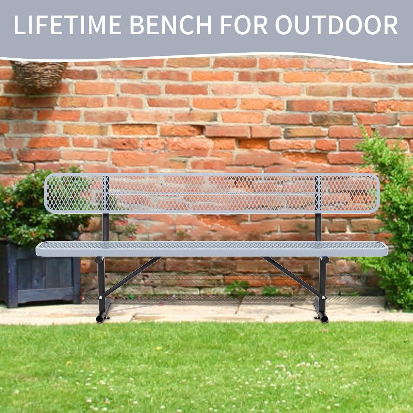 8 Feet Heavy Duty Metal Park Bench for Outside, Outdoor Bench with Backrest & Portable Frame, Commercial Benches for Shopping Malls, Stores, Parks, Patios, Decks, Grey