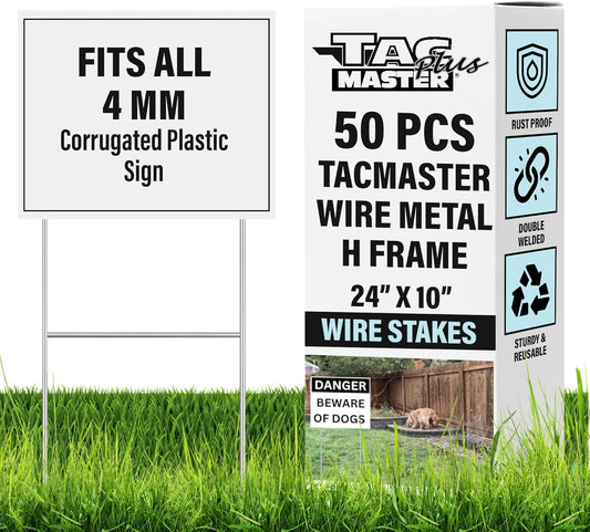 Tacmaster Wire Metal Yard and Sign H Stakes – Durable Blank Lawn Sign Posts for 4mm Corrugated Panels, Real Estate Signs, Waterproof and Wind Resistant, Ideal for Outdoor Use, 24"x10" – 50 Pack