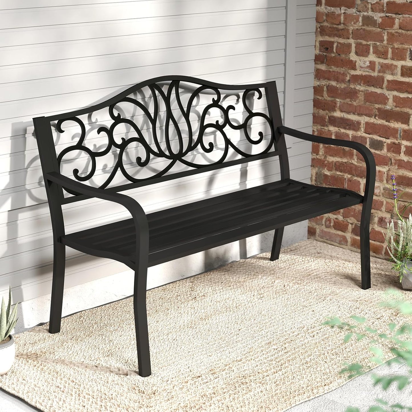 Tangkula 50 Inches Outdoor Garden Park Bench, Cast Iron Metal Front Porch Loveseat with Floral Design Backrest and Slatted Seat, Patio Bench with Armrests for Outside, Yard and Lawn, Black
