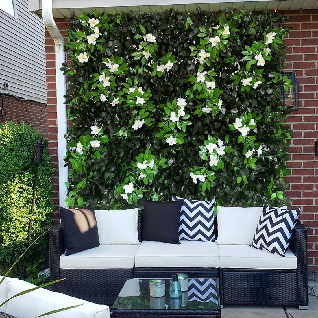 Expandable Fence Privacy Screen for Balcony Patio Outdoor,Decorative Faux Ivy Fencing Panel,Artificial Hedges (Single Sided Leaves) (4, Branches -White Fowers)