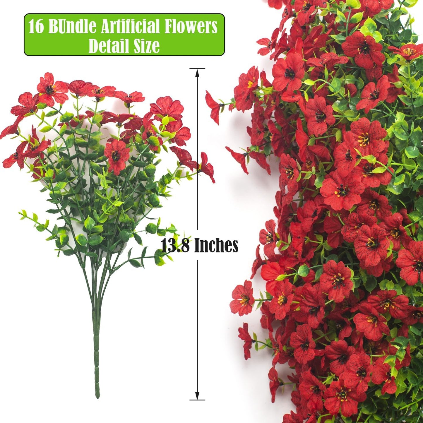 Artificial Fake Flowers for Outdoor Spring Decoration, 16 Bundles Faux Silk Colorful Daisy UV Resistant Realistic for Outside Porch Patio Home Yard Garden Planters Pots Window Box (Red)