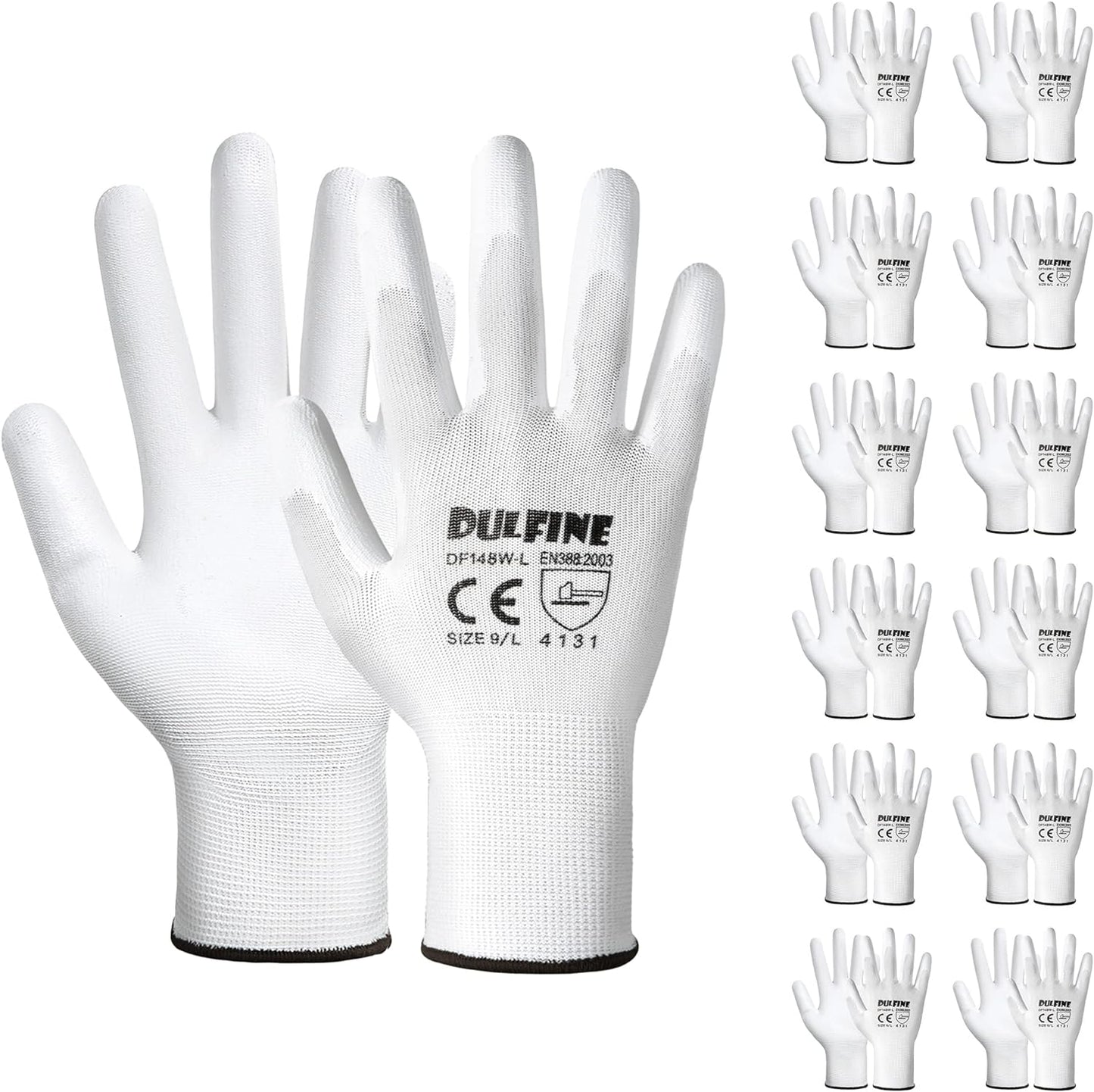 DULFINE Safety Work Gloves PU Coated-12 Pairs,White Seamless Knit Glove with Polyurethane Coated Smooth Grip on Palm & Fingers, for Men and Women, Ideal for General Duty Work (Medium)
