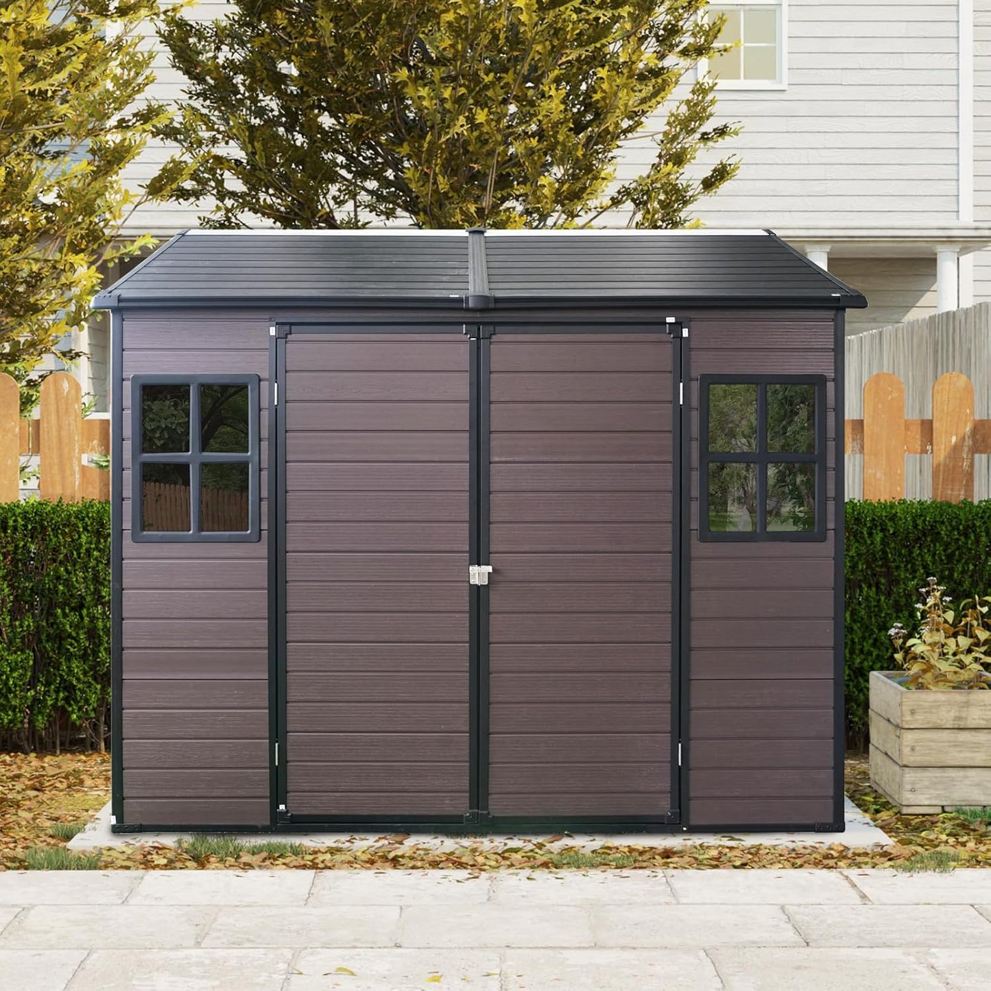 8x6 ft Outdoor Resin Storage Shed with Floor, Waterproof Plastic Garden Shed with Lockable Door and Two Windows, All-Weather Tool Sheds for Backyard, Patio, Lawn (Brown)